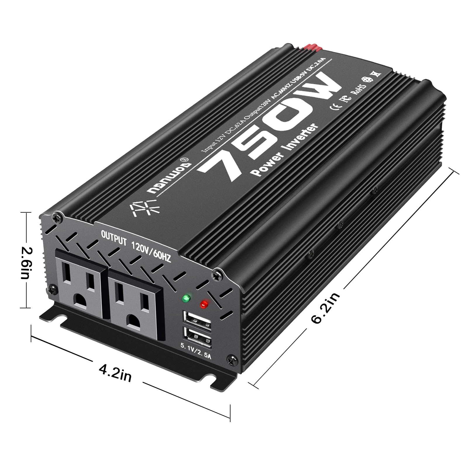 Tebrol 750W Black Car Power Inverter, 12V To 110V/120V, 2 Ac Outlets, 2 Usb Ports, Battery Clamps, Ideal For Vehicles, Trucks, C