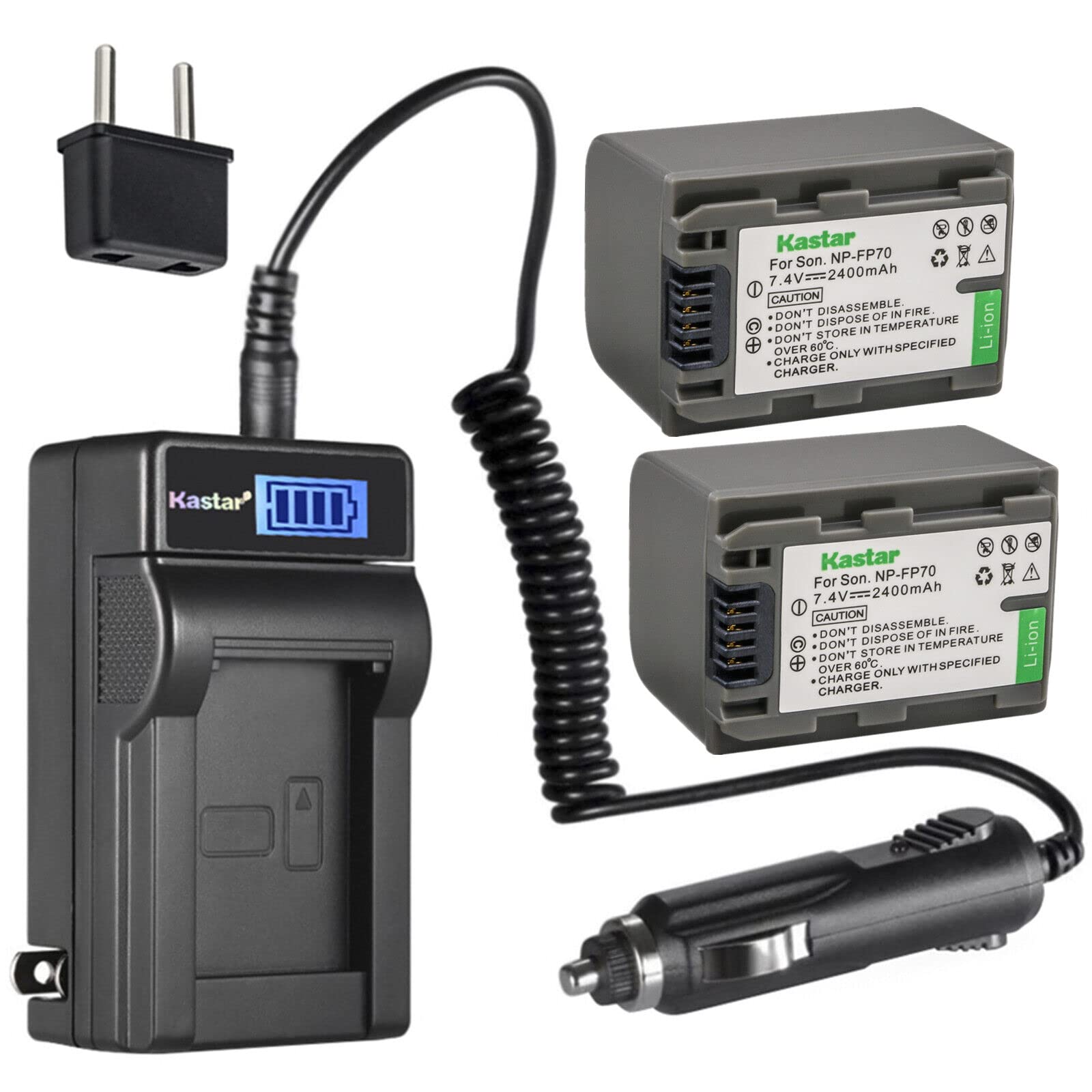 Kastar 2-Pack NP-FP70 / NP-FP71 Battery and LCD AC Charger Compatible with Sony DCR-HC94, DCR-HC96, DCR-SR30, DCR-SR40, DCR-SR50