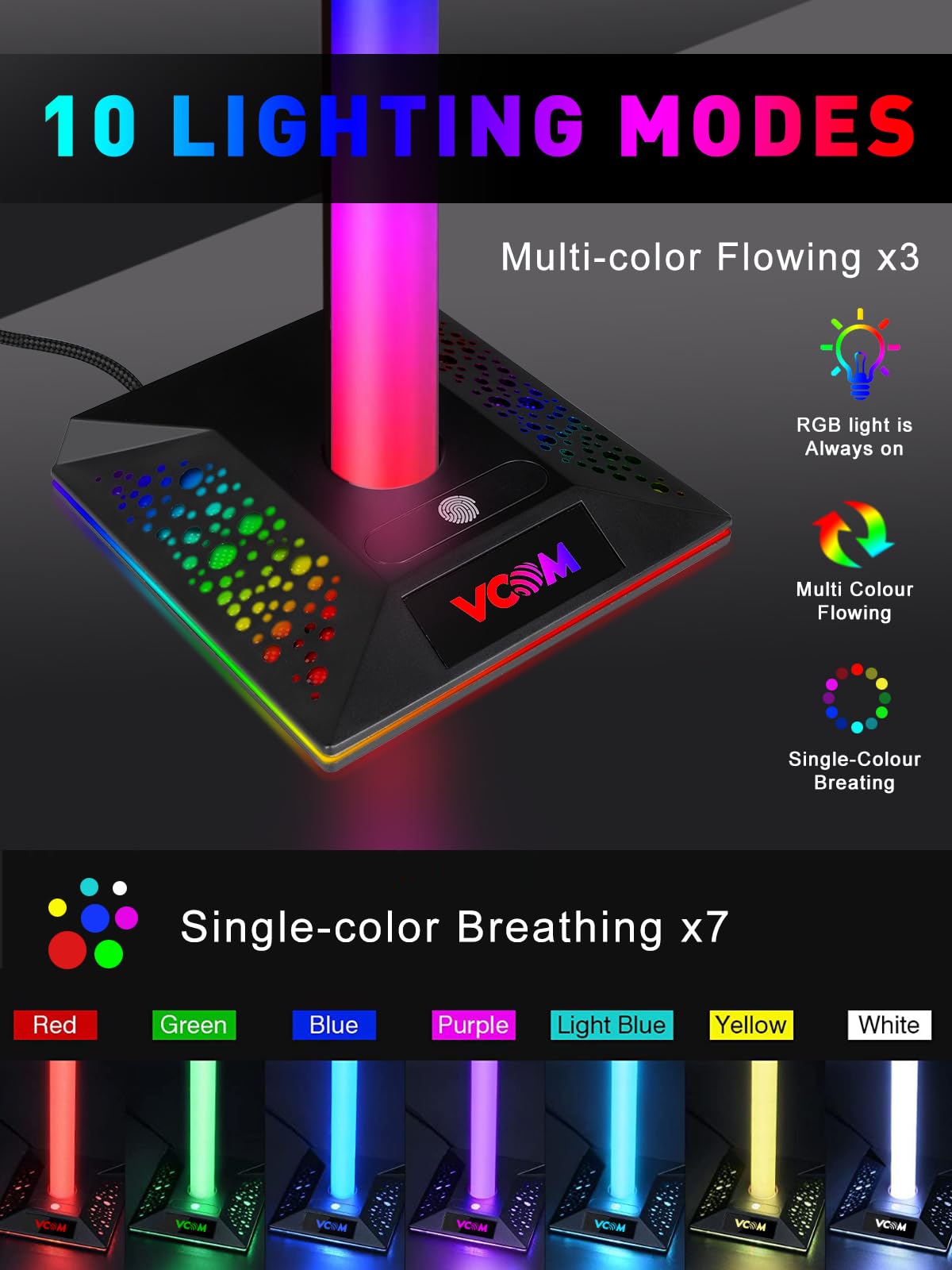 V Vcom Rgb Gaming Headphones Stand With 2 Usb Ports Headset Stand With 10 Light Modes And Non Slip Rubber, Suitable For All Earp