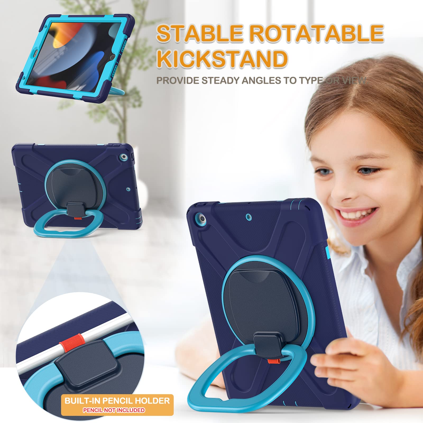 Braecn For Ipad Case 9Th/8Th/7Th Generation,Rugged Kids Friendly Silicon Case With Folding Stand/Handle Grip Pencil Holder Shoul