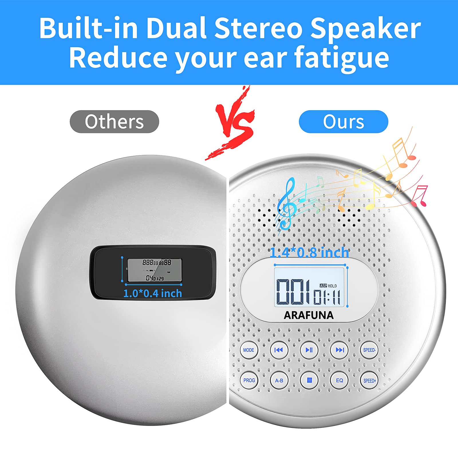 Arafuna Cd Player Portable, Rechargeable Portable Cd Players For Car With Speakers, Anti Skip Walkman Cd Player With Backlit Button, Lcd Display And Aux Cable