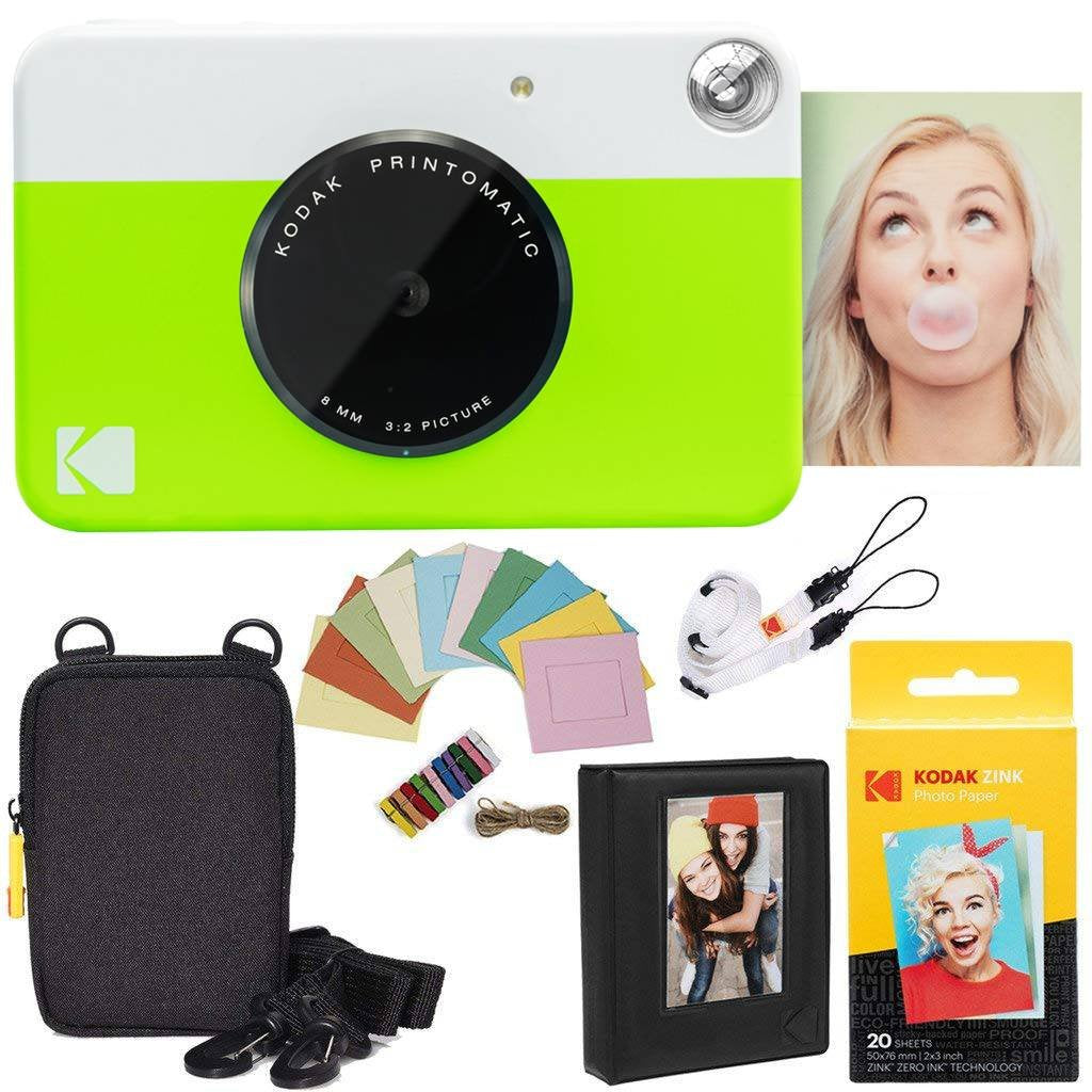 Kodak Printomatic Instant Camera Bundle (Green) Zink Paper (20 Sheets)  Case  Photo Album  Hanging Frames.