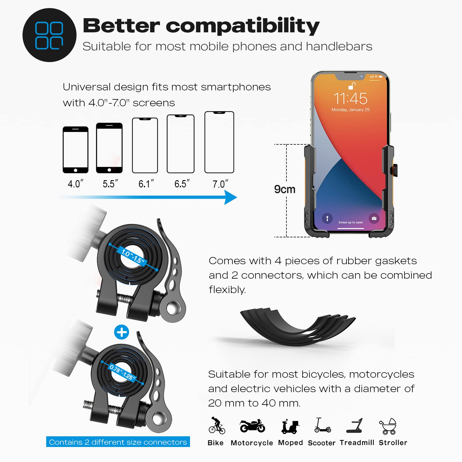 Visnfa New Upgraded Bike Phone Mount Holder Two Connectors Quickly Lock And Release,360Rotatable Bicycle Motorcycle Scooter Acce