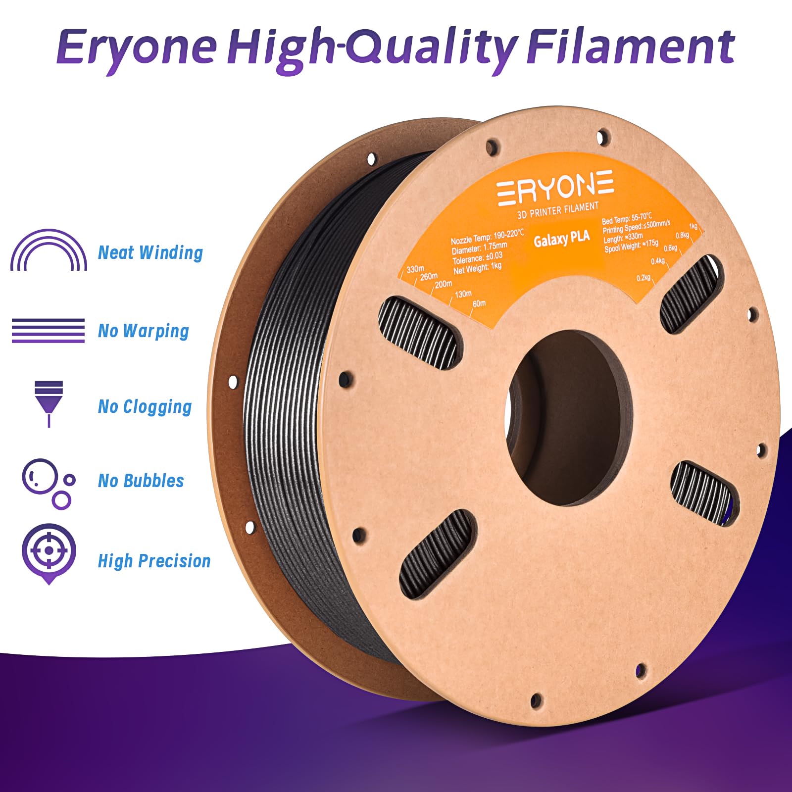 Eryone Sparkly Glitter Shining Pla Filament For 3D Printer, 1.75Mm, Tolerance: 0.03Mm, 1Kg(2.2Lbs)/Spool, Black