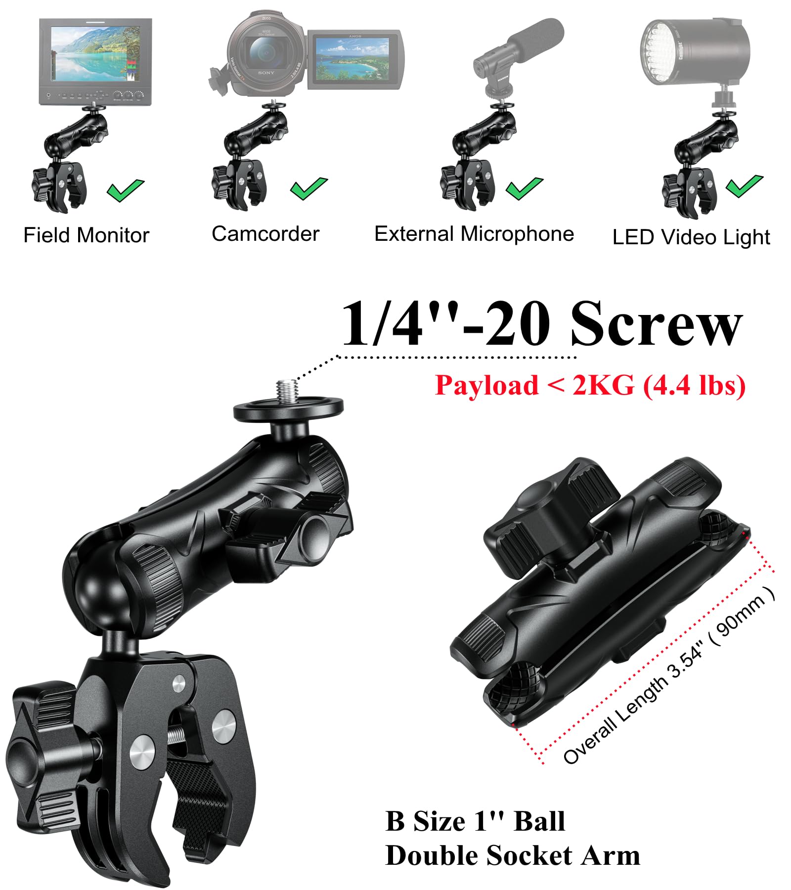 Brcovan Super Clamp Camera Mount With 1'' Ball Head 3.54'' Magic Arm, With 1/4' 20 Screw Tripod Mount Adapter, For Action Camera, Camcorder, Monitor, Led Lights And More