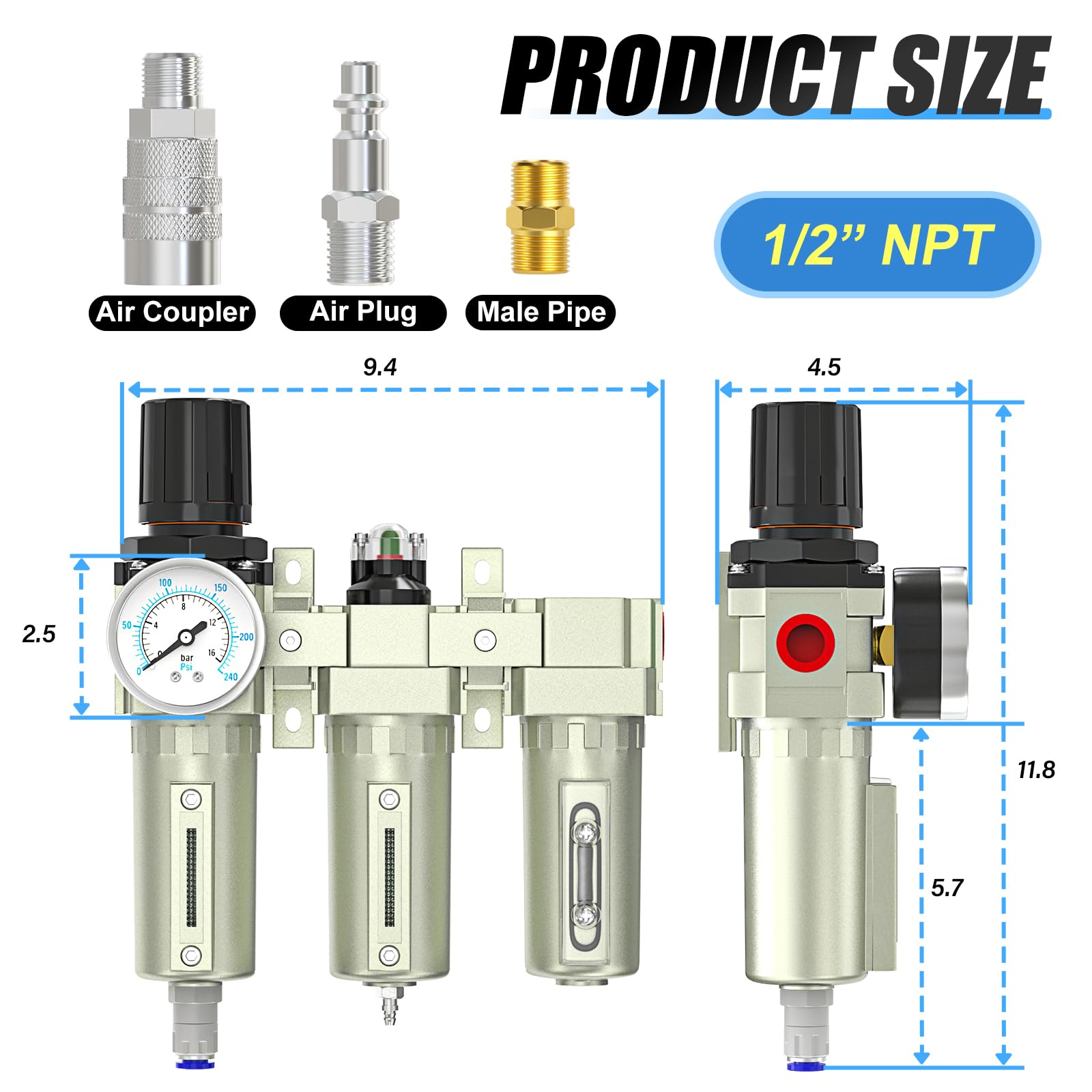 Meanlin 1/2'' Npt Heavy Duty Industrial Grade 3 Stage Air Drying System, Auto Drain, Coalescing Filter, Particulate Filter, Desi