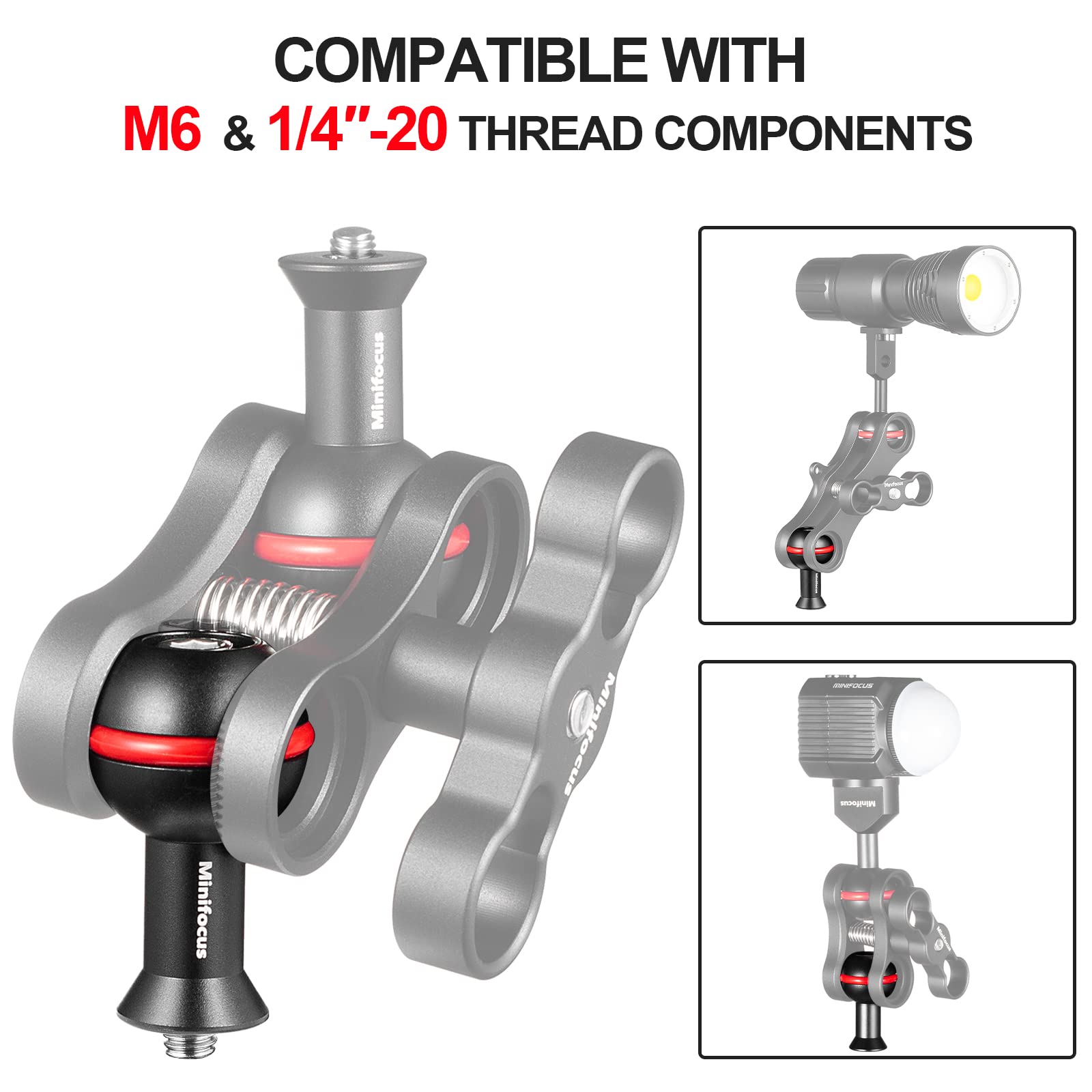 Minifocus 1'' Ball Adapter With M6 & 1/4'' Threaded Stud, Aluminum Alloy Fixed Ballhead Mount Adapter For Action Camera & Camcor