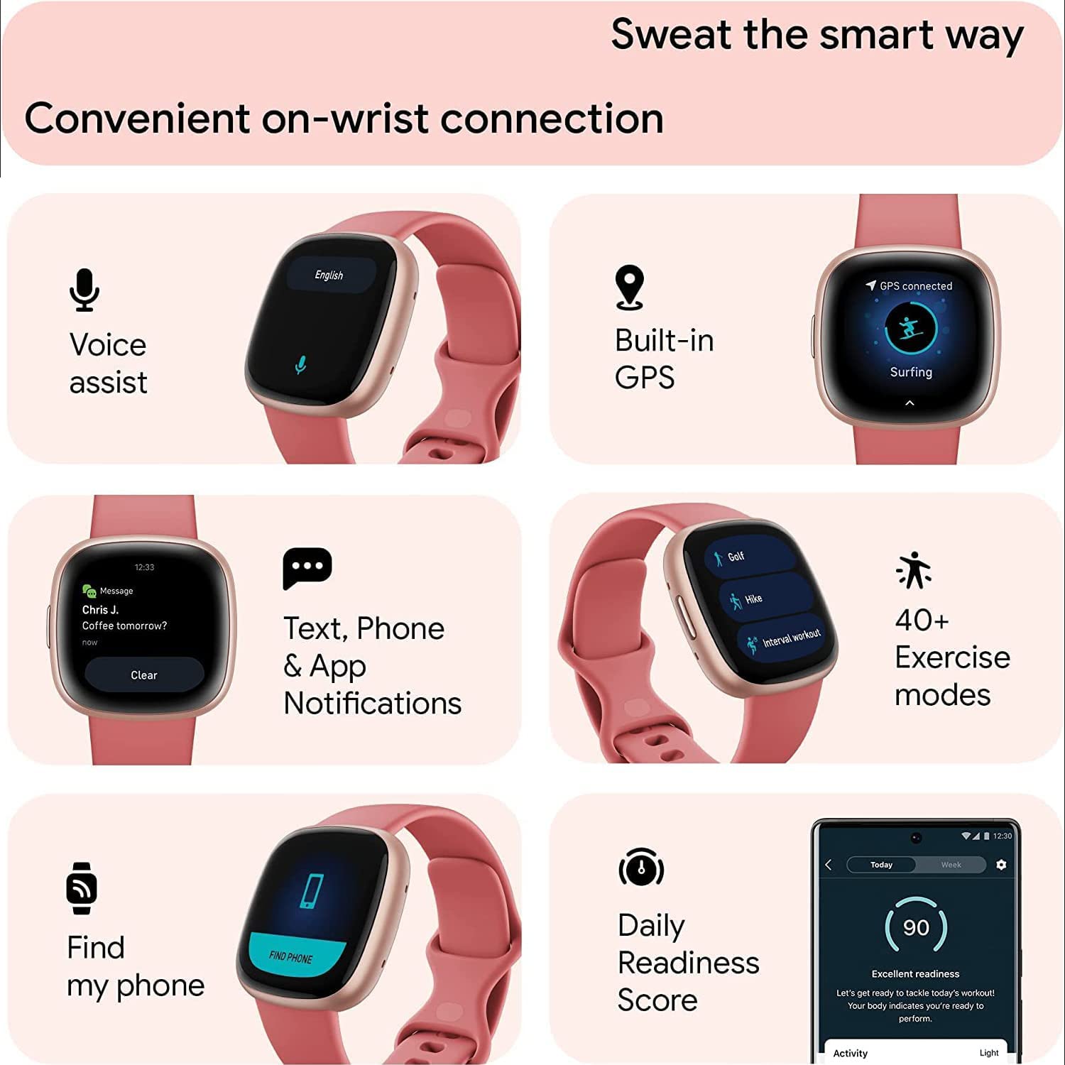 Fitbit Versa 4 Health And Fitness Smart Watch (Pink/Rose) With Built-In Gps, 6 Day Battery Life, S & L Bands, Bundle With 3.3Foo