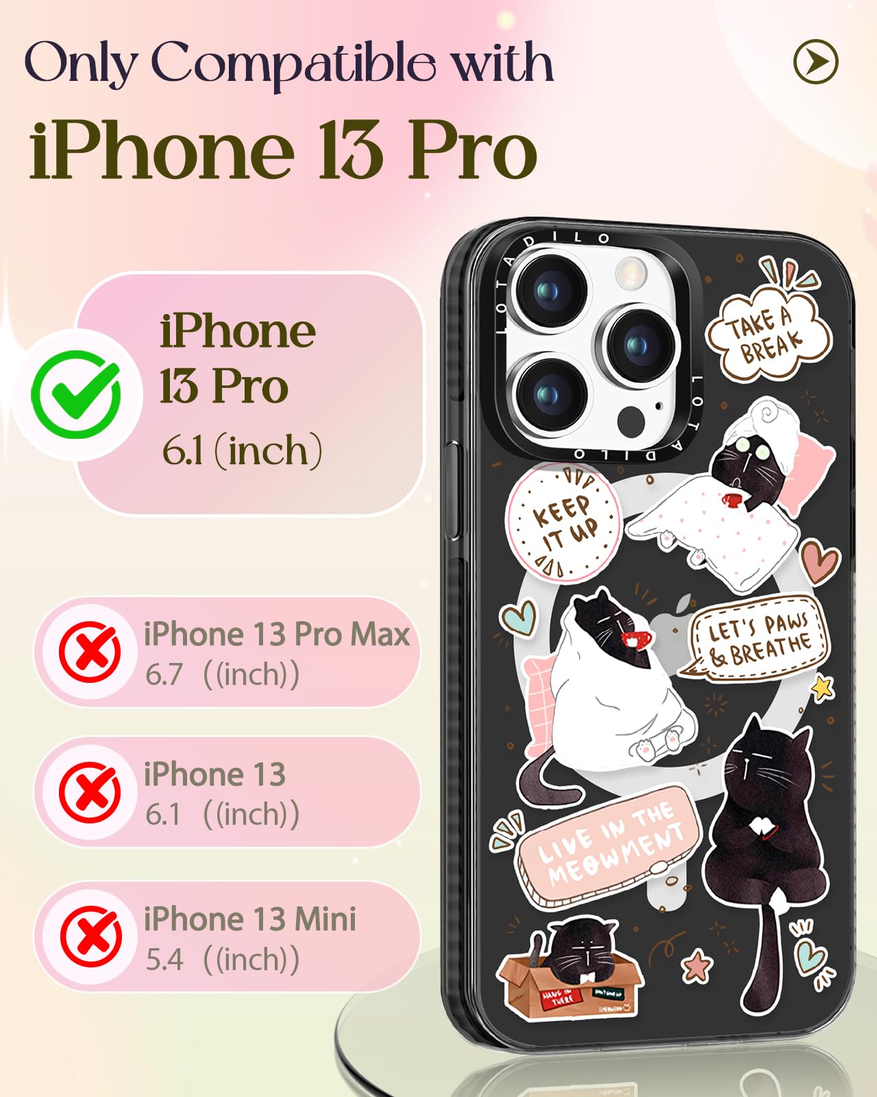 Lotadilo For Iphone 13 Pro Case For Women Girls - Cute Design Compatible With Magsafe Magnetic Ring Holder Stand Black Cat Aesth