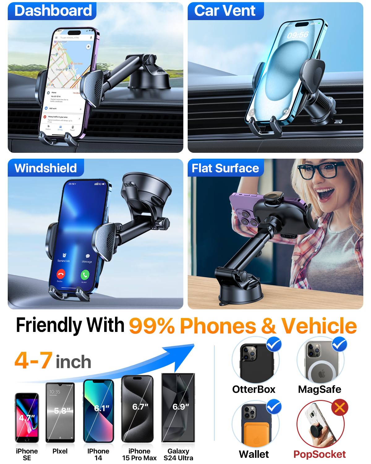 Yru [2025 Upgraded] Universal Car Phone Holder Mount? 360� Rotatable &Strong Suction? Cell Phoneholder For Car Dashboard Windshield Phone Holder Dash Stand For Iphone 16 15 14 13 Samsung Truck, Black