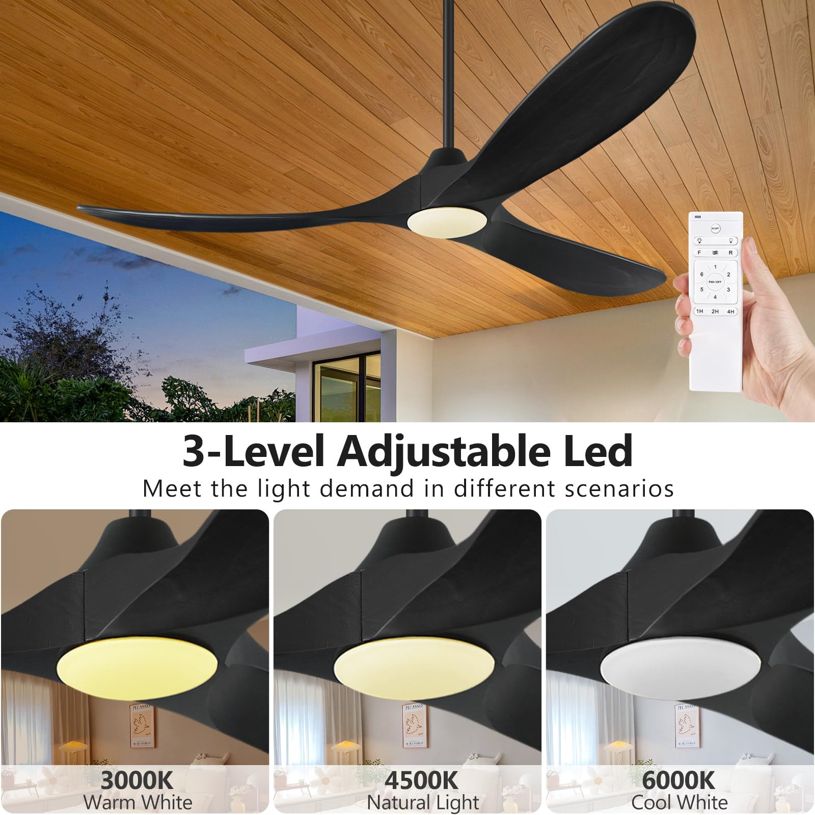 Abz Ceiling Fans With Lights   60 Inch Propeller Ceiling Fan With Remote Control, 3 Blades Walnut Solid Wood Ceiling Fan For Ind
