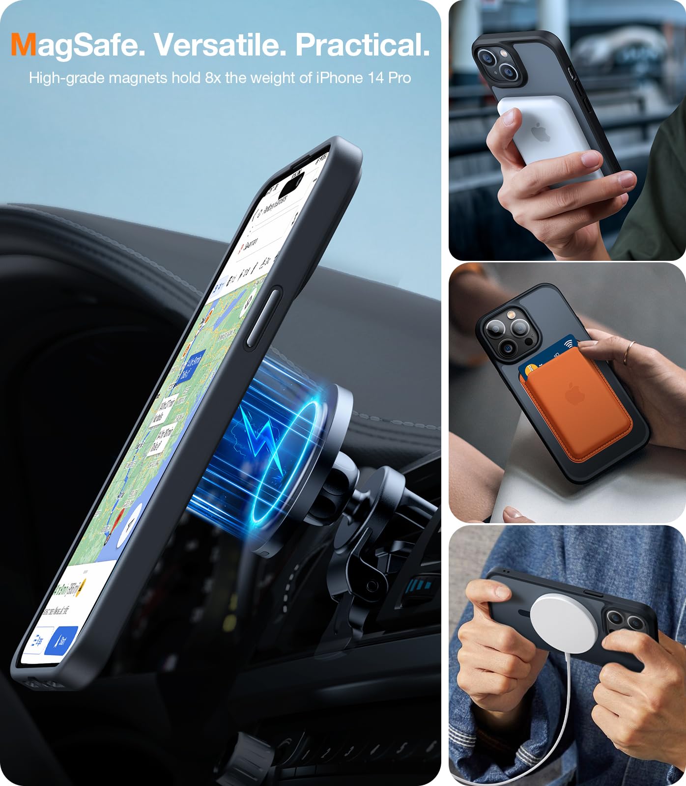 Torras Stronger Magnetic For Iphone 14 Pro Case, 12 Ft Military Grade Drop Tested, Compatible With Magsafe, Slim Protective Matte Silicone For Iphone 14 Pro Phone Case, Translucent Back/Black Edge