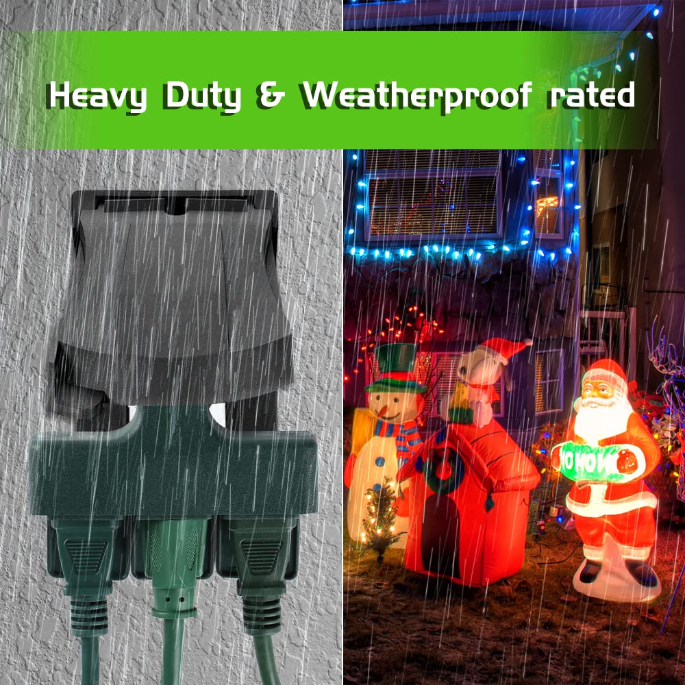 Qitim Outdoor Plug Extender, 3 Outlet Splitter With Safe Cover, Heavy Duty Waterproof Multi Plug For Christmas & Holiday Decorat