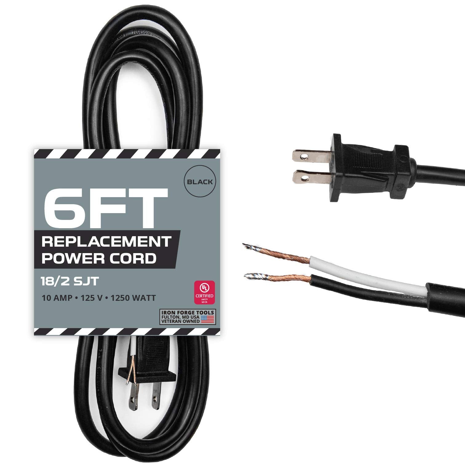 Iron Forge Cable 18 Awg Replacement Power Cord With Open End   6 Ft Black Extension Cable 2 Prong, 2 Wire 18/2 Sjt