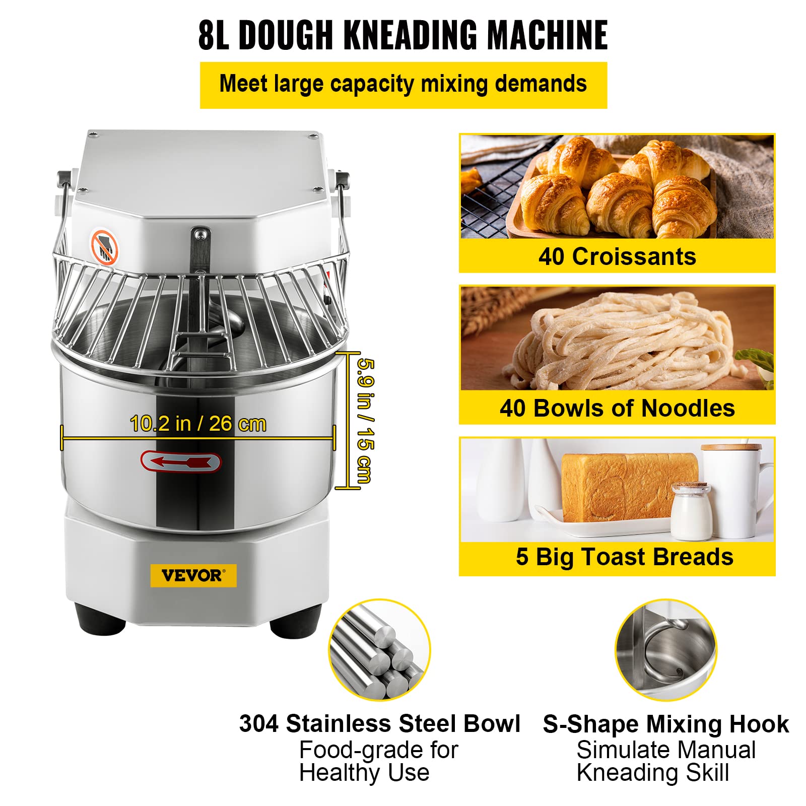 Vevor Commercial Food Mixer, 8.5Qt Capacity, 450W Dual Rotating Dough Kneading Machine With Food Grade Stainless Steel Bowl, Sec