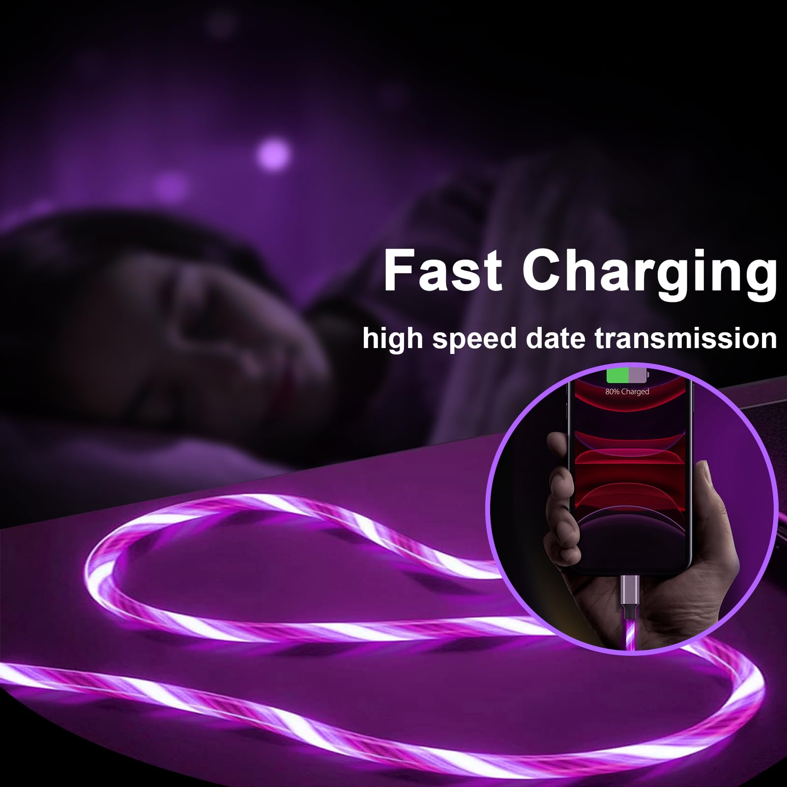 Light Up Iphone Charger Cable Led Apple Charger Cord Apple Mfi Certified Cool Usb Fast Charging For Iphone 14 13 12 11 Pro Max Xr X Se 8 Plus Ipad Ipod Touch More (Purple, 6 Ft)
