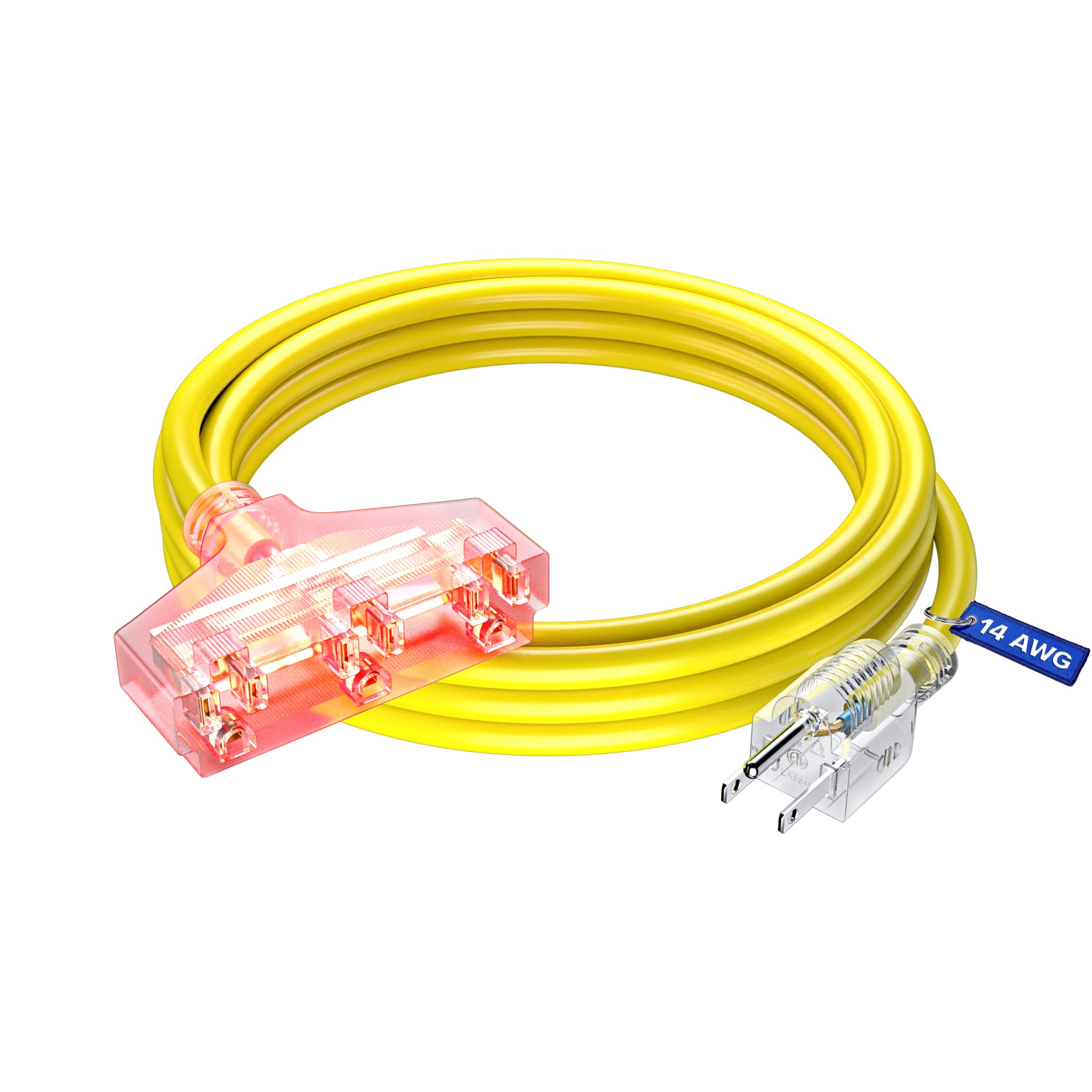 Extension Cord 10 Ft, Extension Cord With Multiple Outlets, Sjtw 14 Gauge (Yellow) Etl Listed