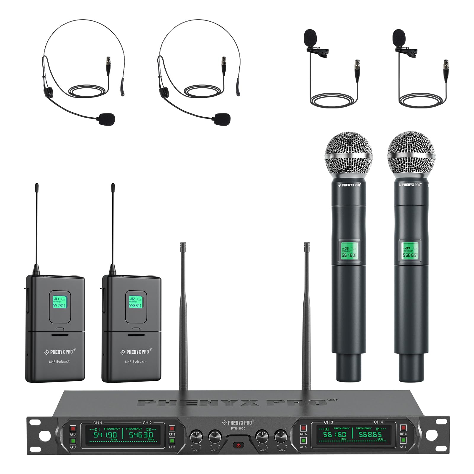 Phenyx Pro Wireless Microphone System, 4 Channel Uhf Wireless Mic Set With Handheld/Bodypack/Headset/Lapel Mics, Fixed Frequency
