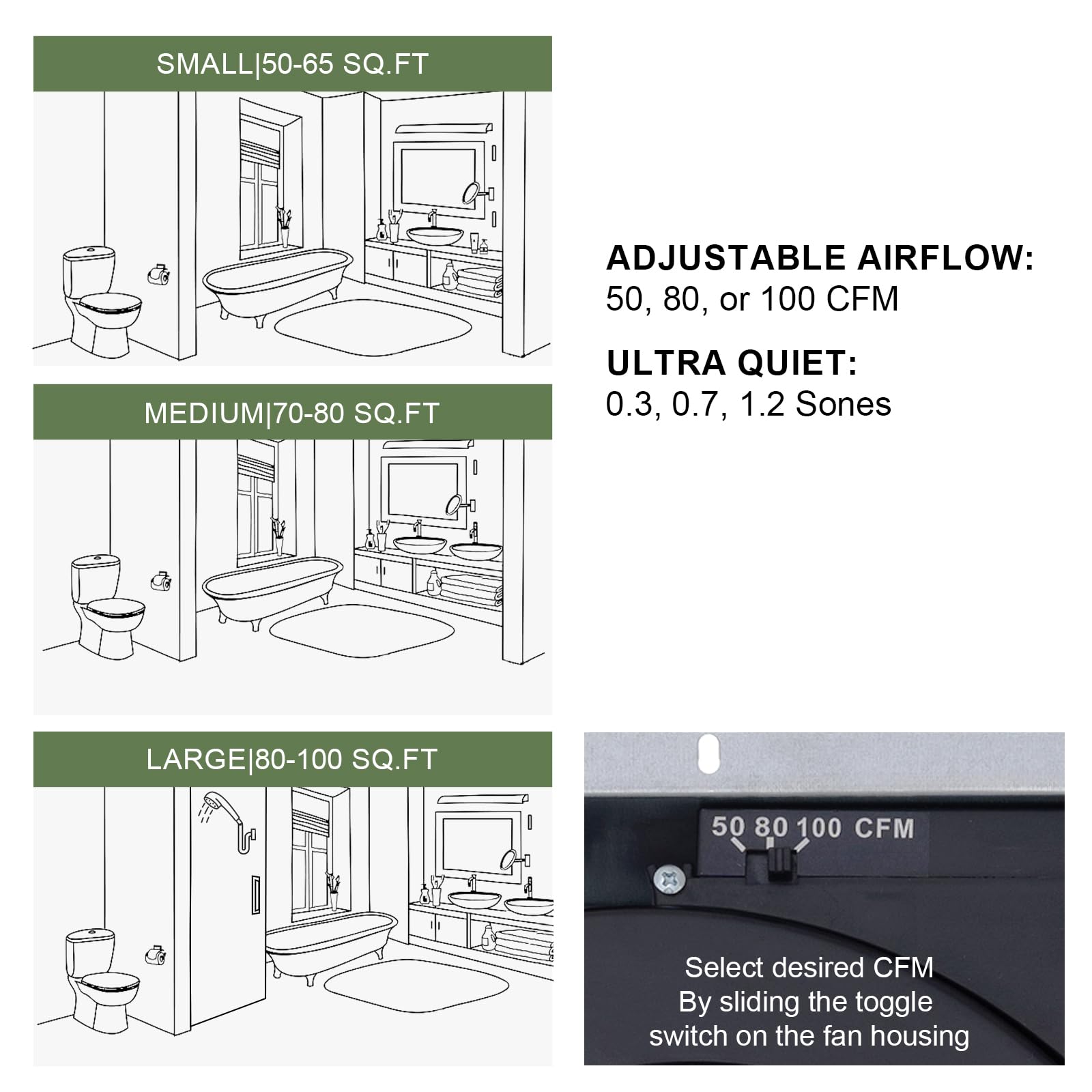 Akicon Bathroom Exhaust Fan With Light, 50 80 100 Cfm Dc Motor, 1.2 Sones Bathroom Vent Fan, 3Cct Led Light 2700K/4000K/5500K Wi
