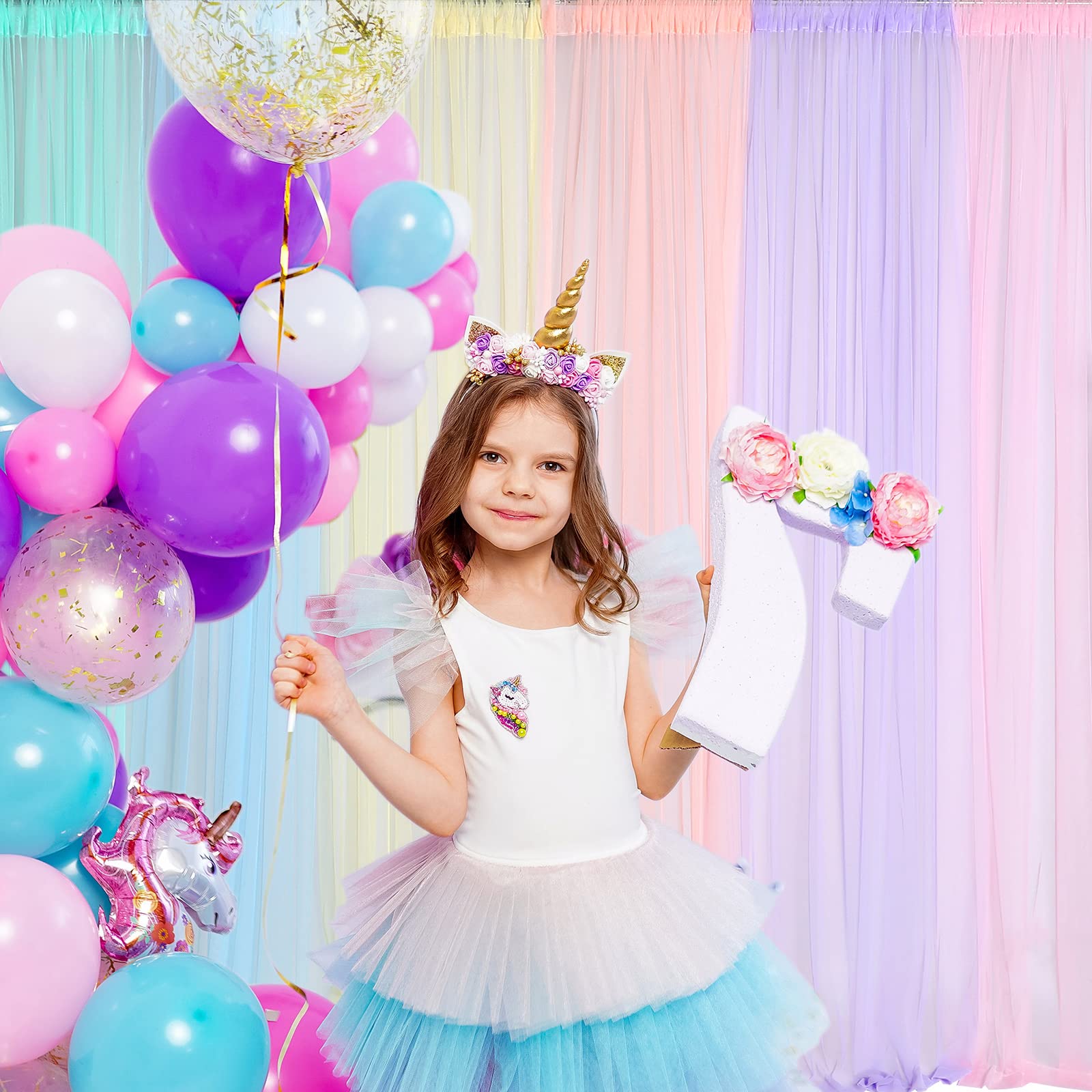 Pastel Rainbow Backdrop Curtains Sheer Curtain Tulle Panels Curtain For Kid Baby Shower Unicorn Birthday Party Window Classroom