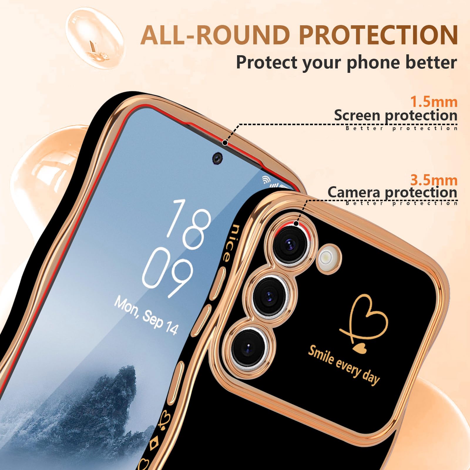 Lchulle For Samsung Galaxy S23 Plus Case For Women Girls, Cute Wave Frame Curly Shape With Love Heart Raised Camera Protection C
