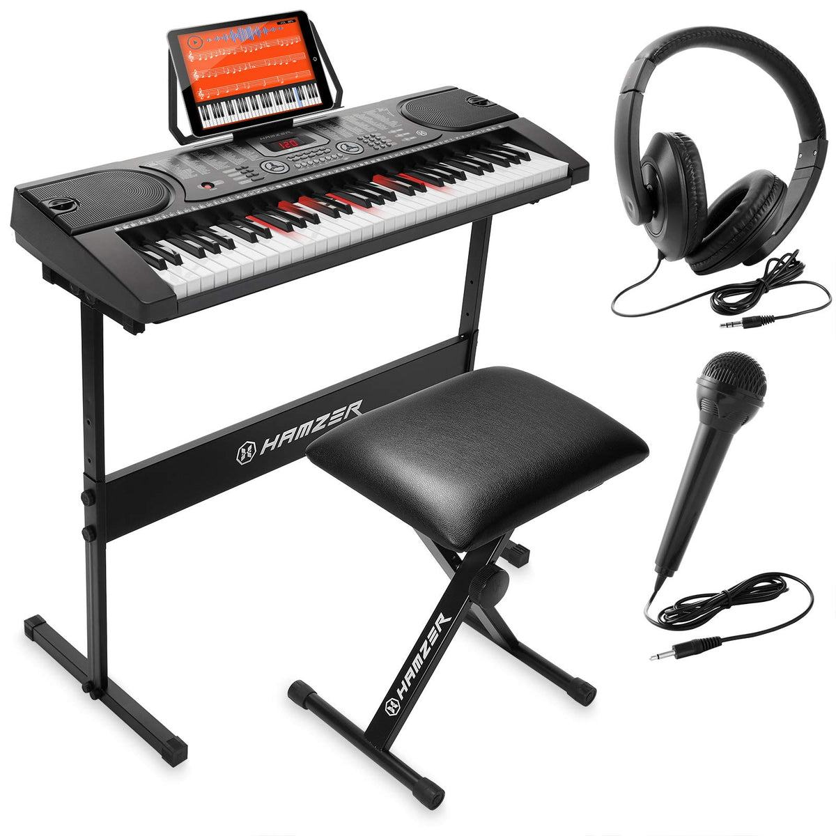 Hamzer 61 Key Electronic Keyboard Portable Digital Music Piano With Lighted Keys, H Stand, Stool, Headphones, Microphone, & Stic