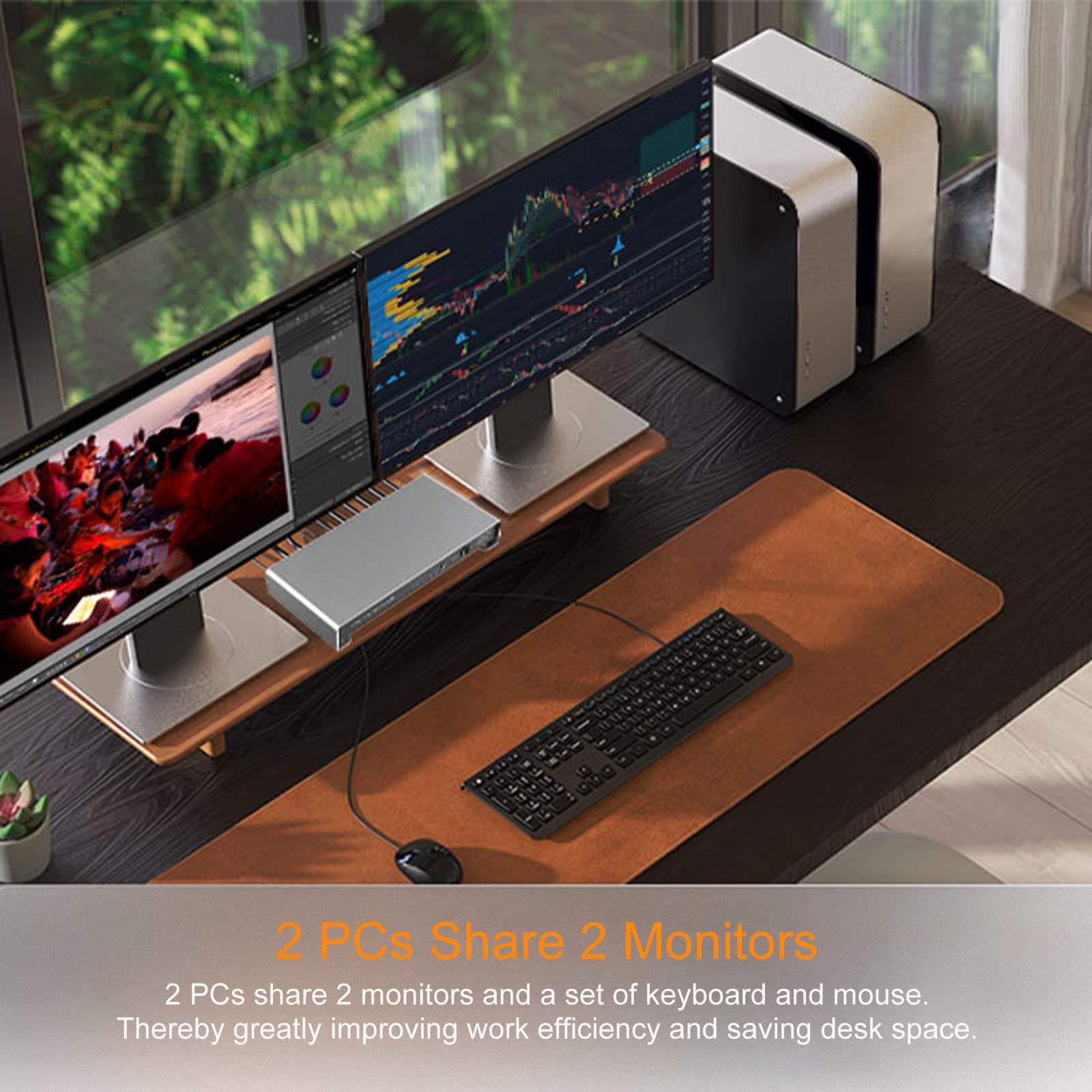 Kvm Switch 2 Monitors 2 Computers, 4K@60Hz Dual Monitor Kvm Switch Hdmi 2 Port Extended Display, Audio & Microphone, Edid Emulat