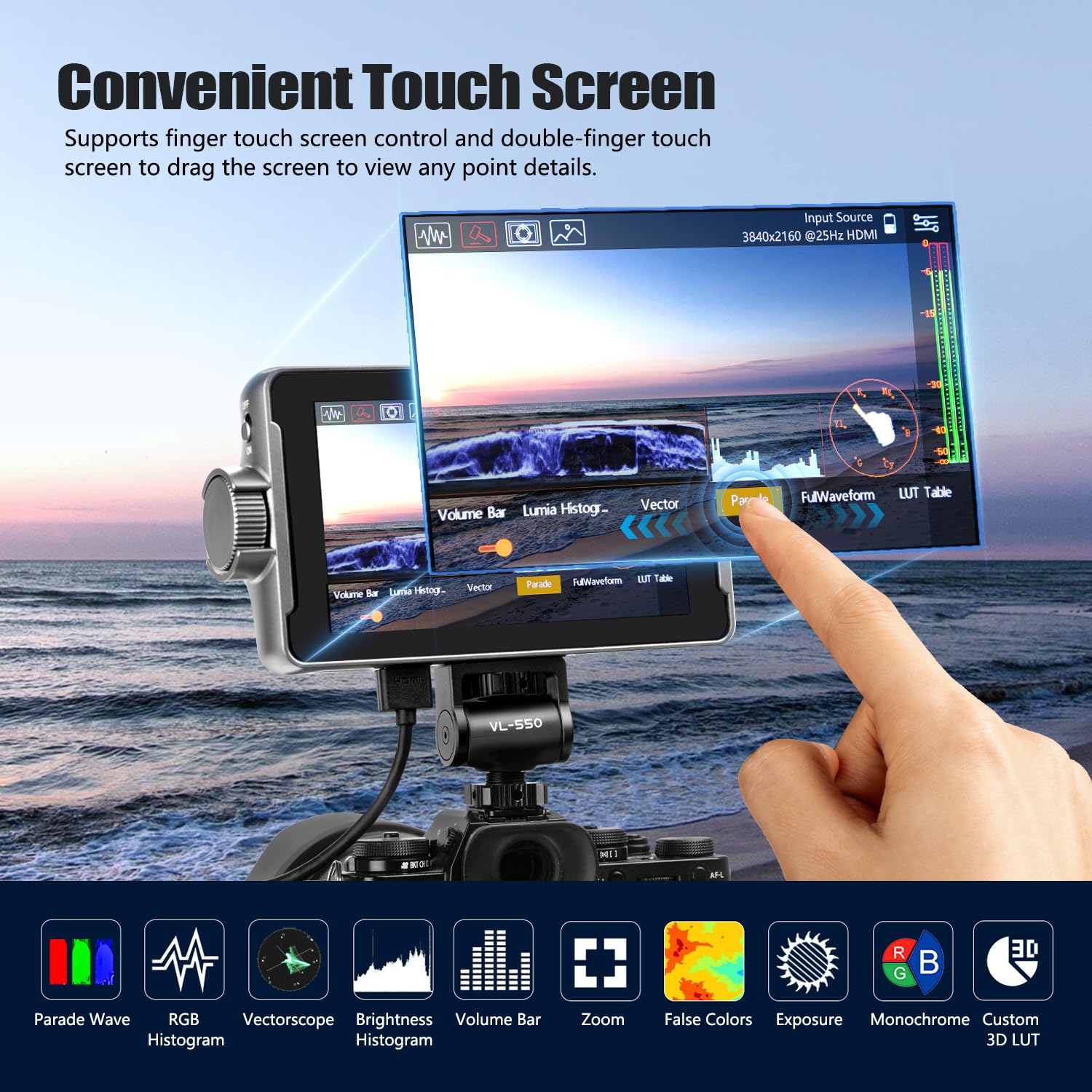 Viltrox Dc 550 Pro Touch Screen Dslr Camera Field Monitor 4K Hdmi, 5.5 Inch 1200 Nits Video Camera Monitor With Battery/Sunshade