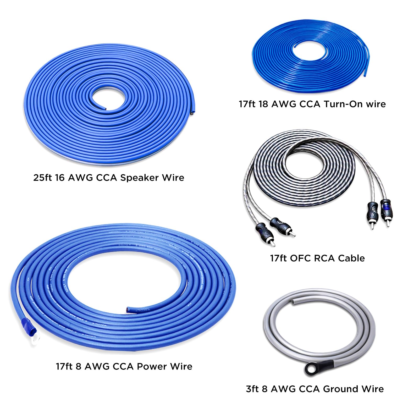 Recoil True 8 Gauge Complete Cca Amplifier Wiring Kits With Ofc Rca Cable, Power Cables, Ground Cables, Turn On Wire, Speaker Wi