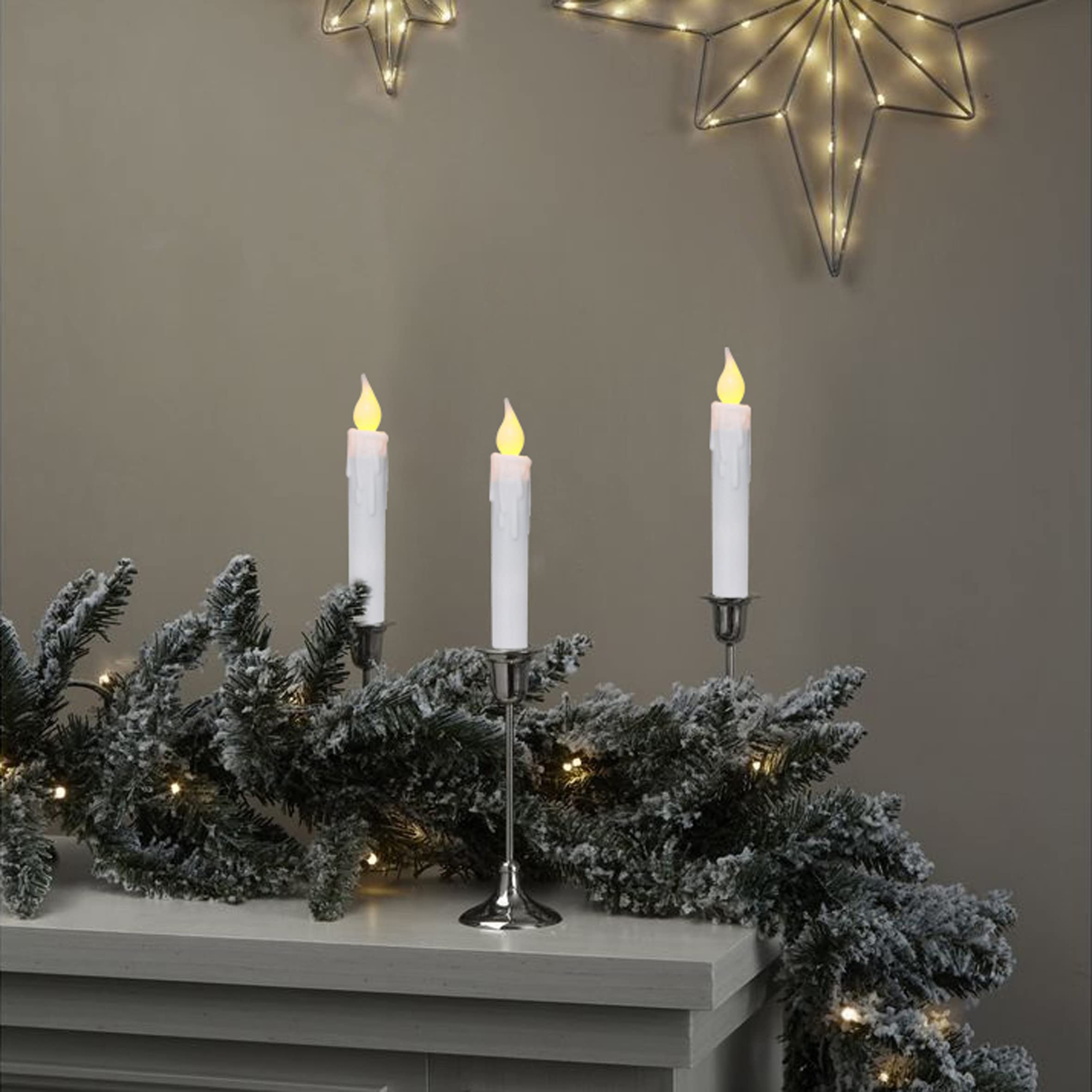 Cvhomedeco. Flickering Taper Candles Led Drip Flameless Candles, Battery Operated With Timer, White, 6 3/4 Inch, Set Of 6