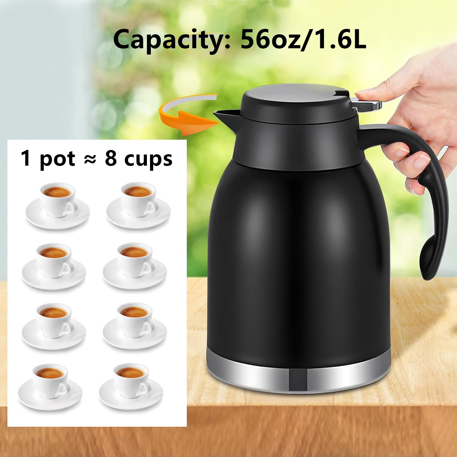 Thermal Coffee Carafe Dispenser, 54Oz Stainless Steel Double Wall Unbreakable Vacuum Thermos Flask 1.6L Water Tea Pot Pitcher Fo