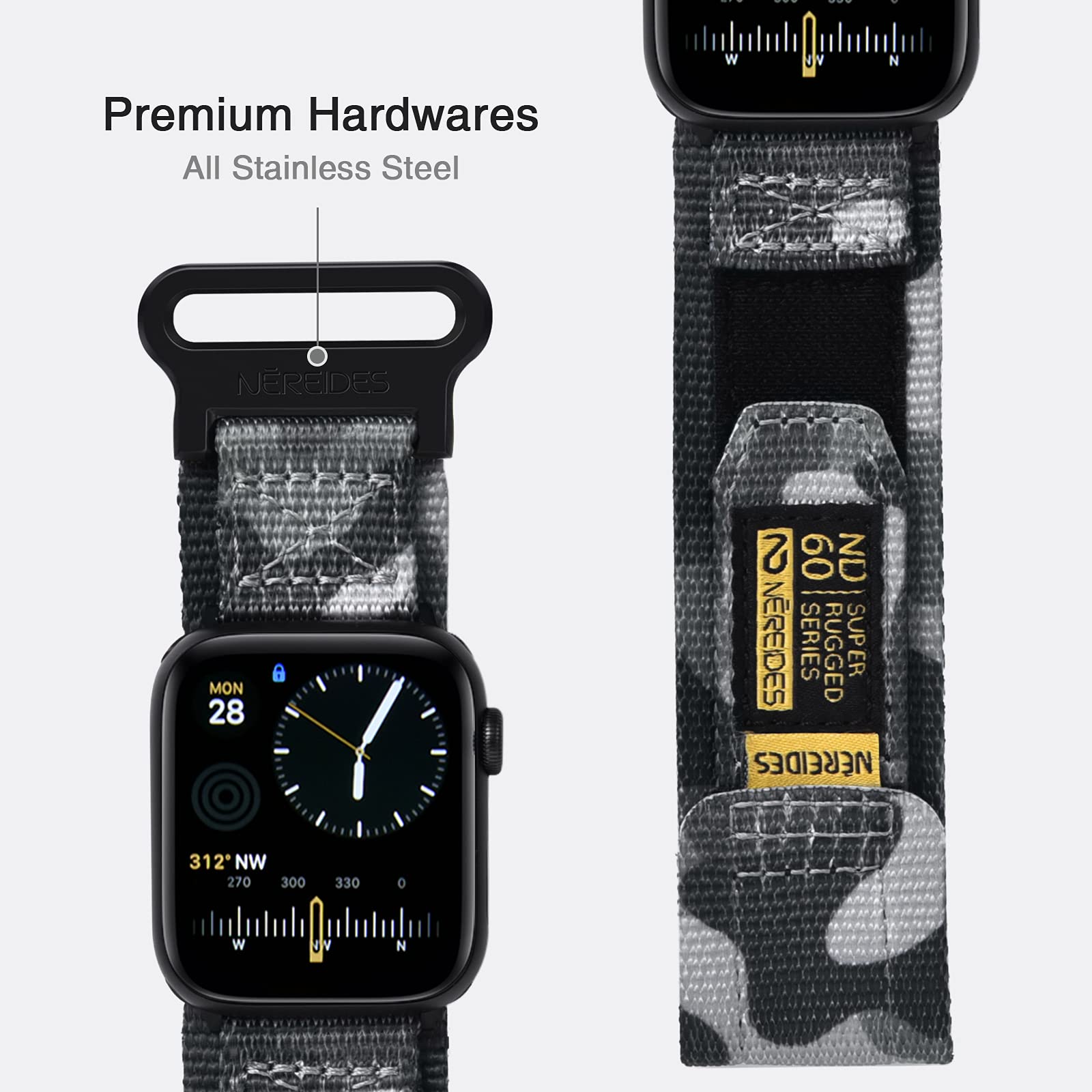 Nereides Compatible With Apple Watch Band Ultra 1/2, Nylon Sports Strap With Woven Design For 49Mm (L, Grey Camo)