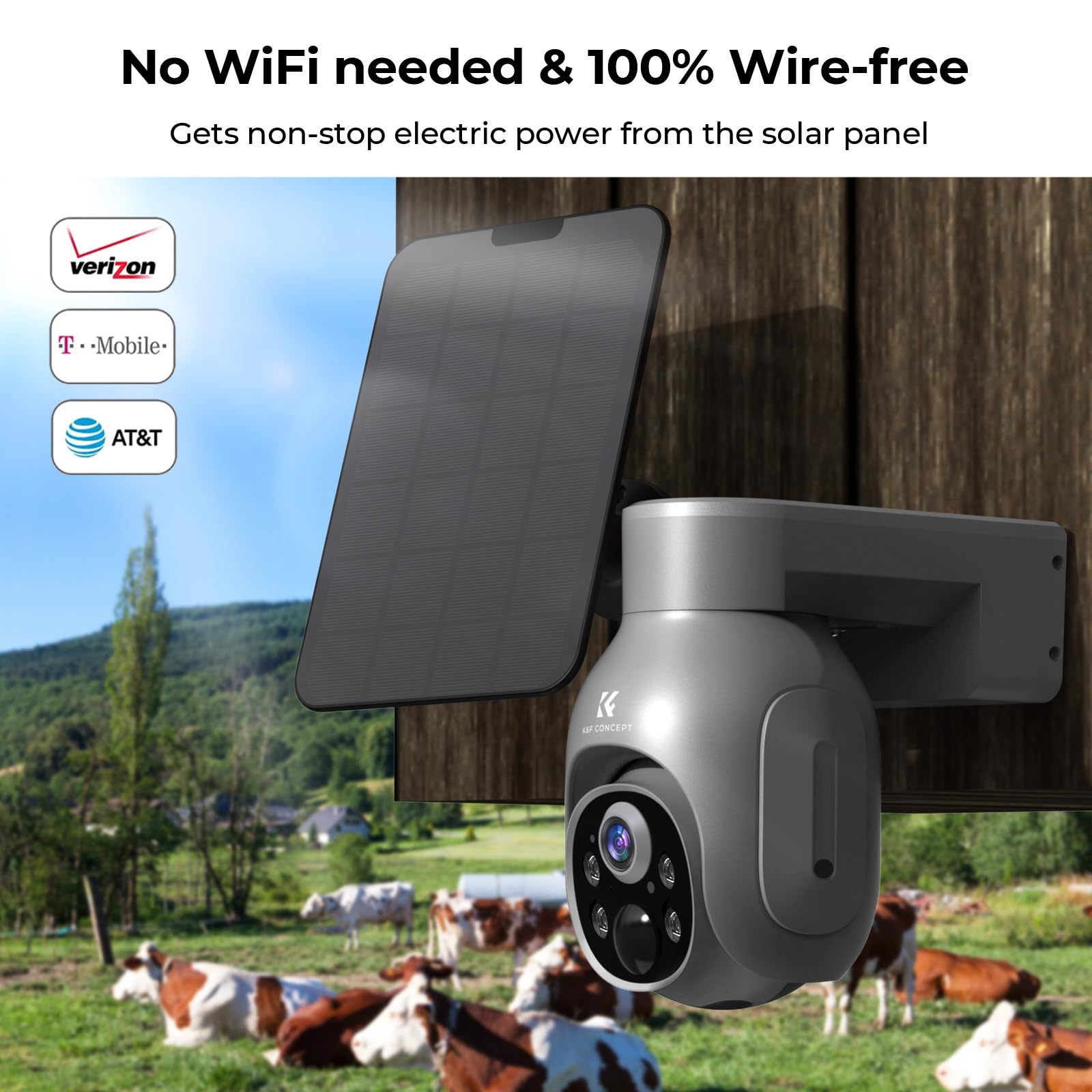 K&F Concept 3G/4G Lte Cellular Security Camera With Sd&Sim Card (Verizon/At&T/T Mobile), No Wifi Needed, Solar Powered, 2K Live Video, 360� Ptz, Color Night Vision, 2 Way Talk, Motion&Siren Alert