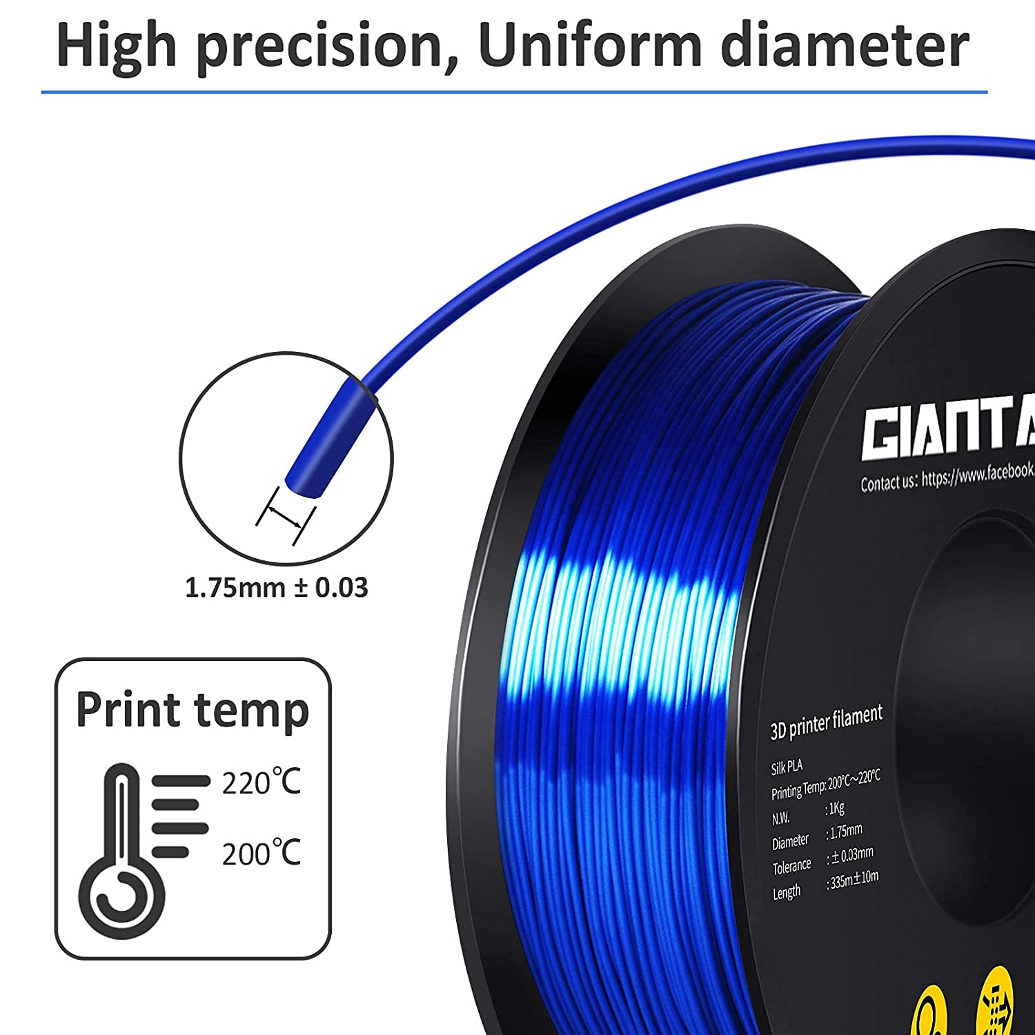 Giantarm 3D Printer Filament, Silk Royal Blue Pla Filament, 1Kg(2.2Lbs) Spool, 1.75Mm Dimension Accuracy +/  0.03Mm, 3D Printing
