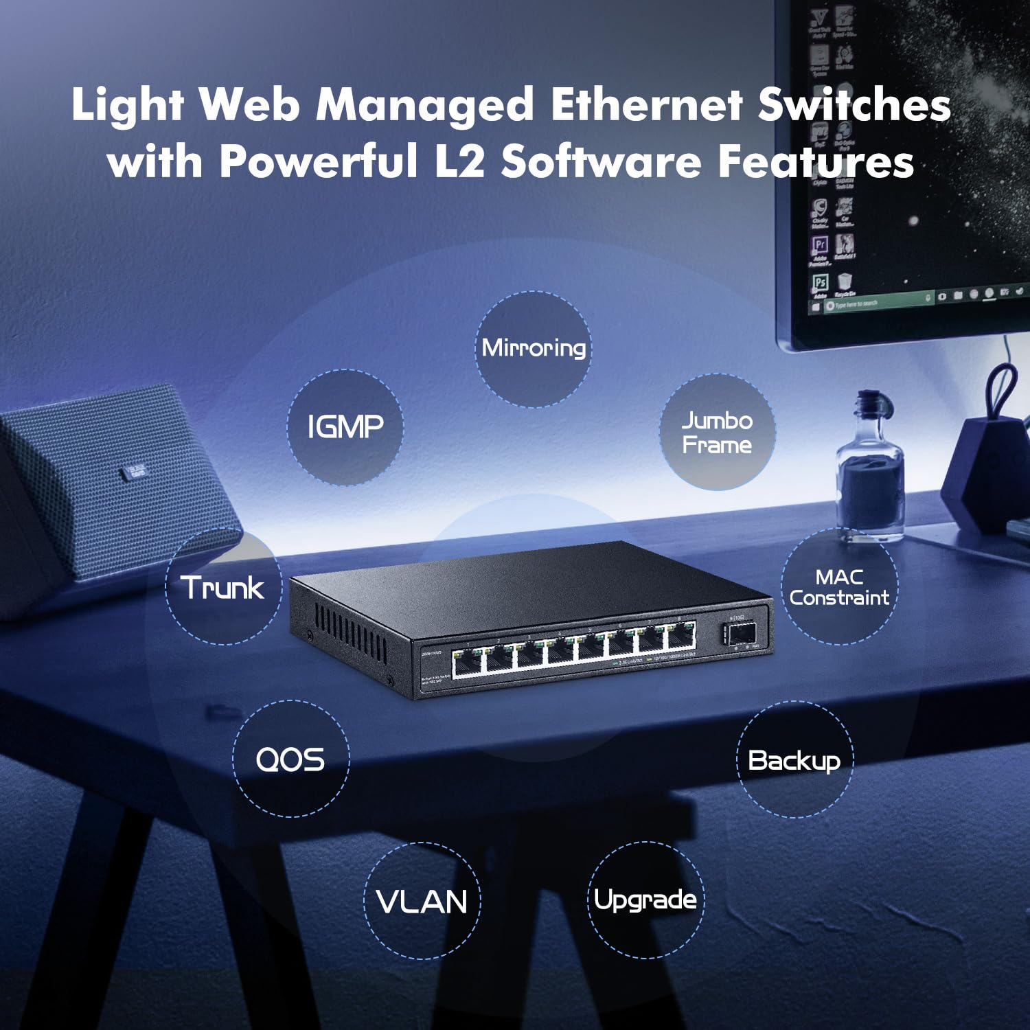 Yulinca 8 Port 2.5G Managed Switch With 10G Sfp+ Slot, 8 X 2.5Gigabit Ethernet Ports, Support Lacp/Qos/Vlan/Igmp, Metal Easy Web