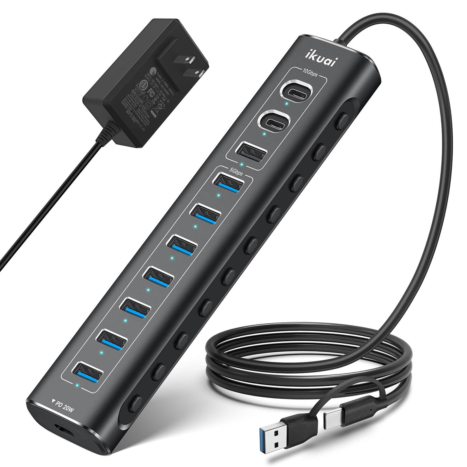 Powered Usb Hub, 11 Port Ikuai Hybrid Usb 3.2/ Usb C Hub With Pd Charging Port And 60W Power Adapter, Aluminum Usb Splitter Incl