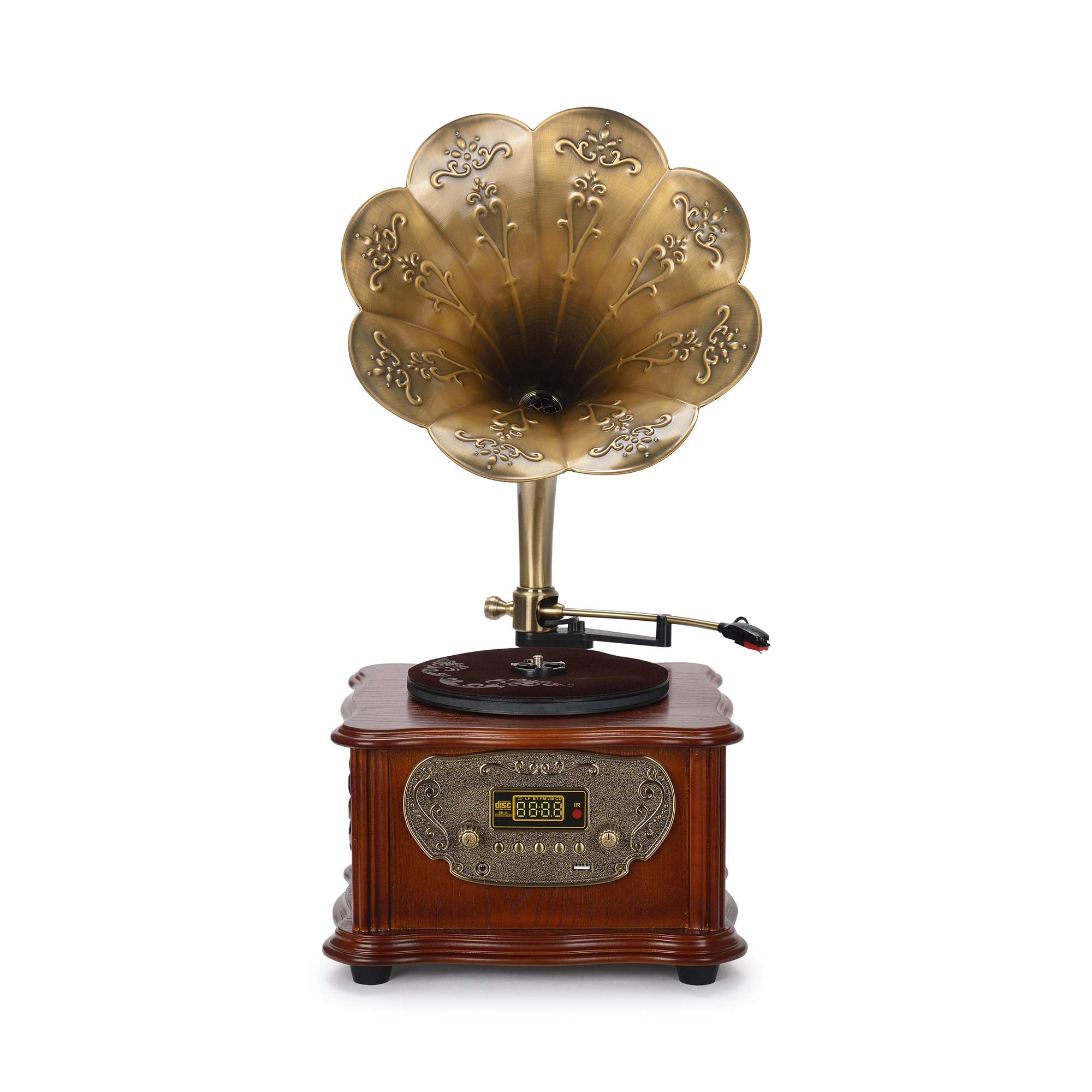 Wooden Gramophone Phonograph Turntable Vinyl Record Player Stereo Speakers System Control 33/45 Rpm Fm Aux Usb Ouput Bluetooth 4