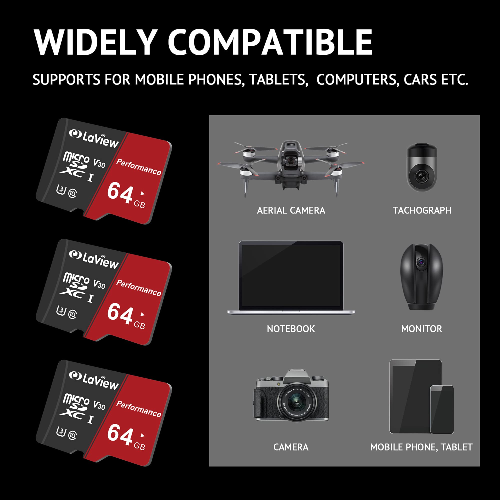 Laview 64Gb Micro Sd Card 3 Pack, Micro Sdxc Uhs I Memory Card � 95Mb/S,633X,U3,C10, Full Hd Video V30, A1, Fat32, High Speed Flash Tf Card P500 For Computer With Adapter/Phone/Tablet/Pc