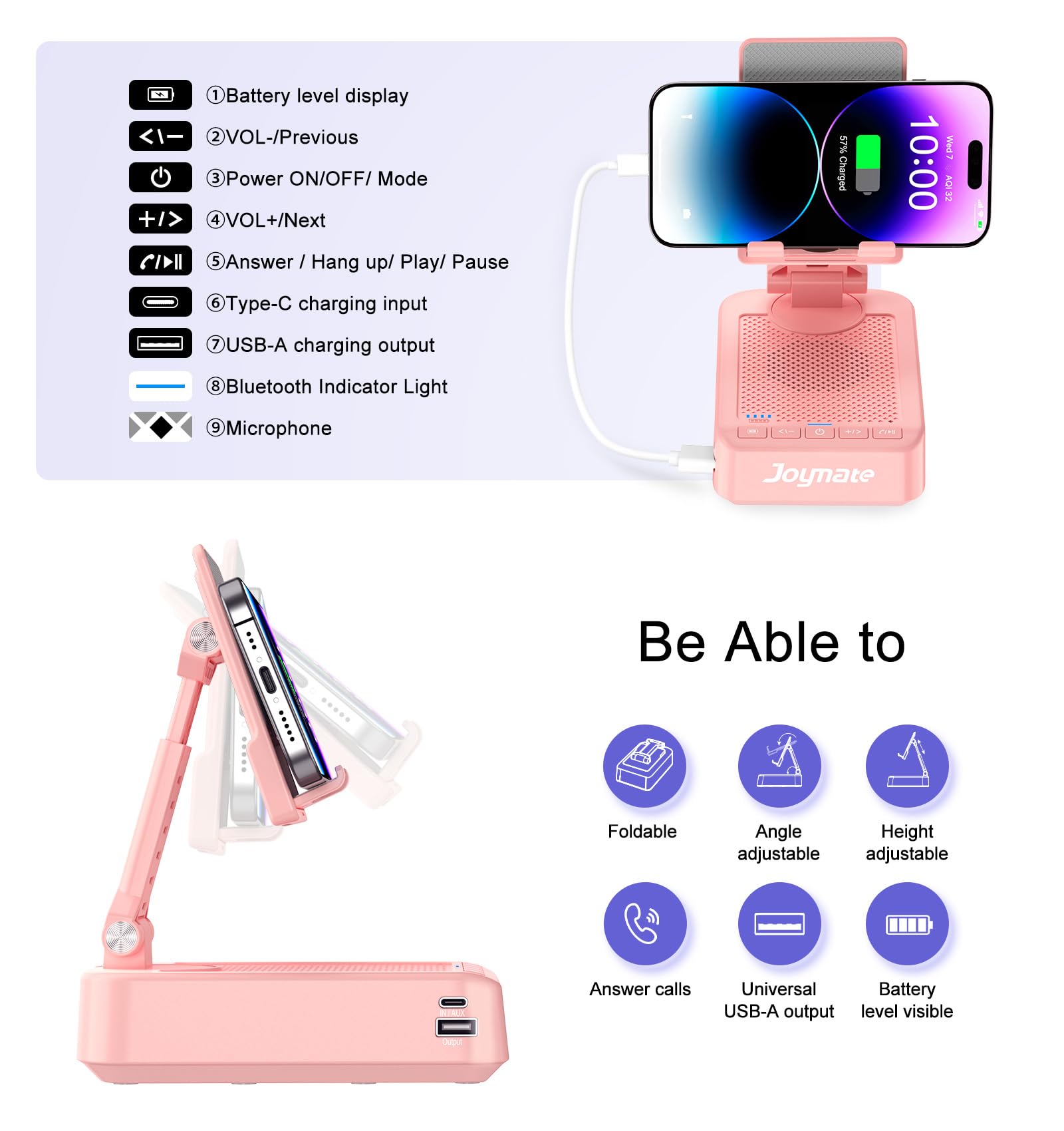 Joymate Gifts For Men Women, Phone Stand With Bluetooth Speaker And Charging Function 360 Rotable Angel Adjustable Cell Phone Ho