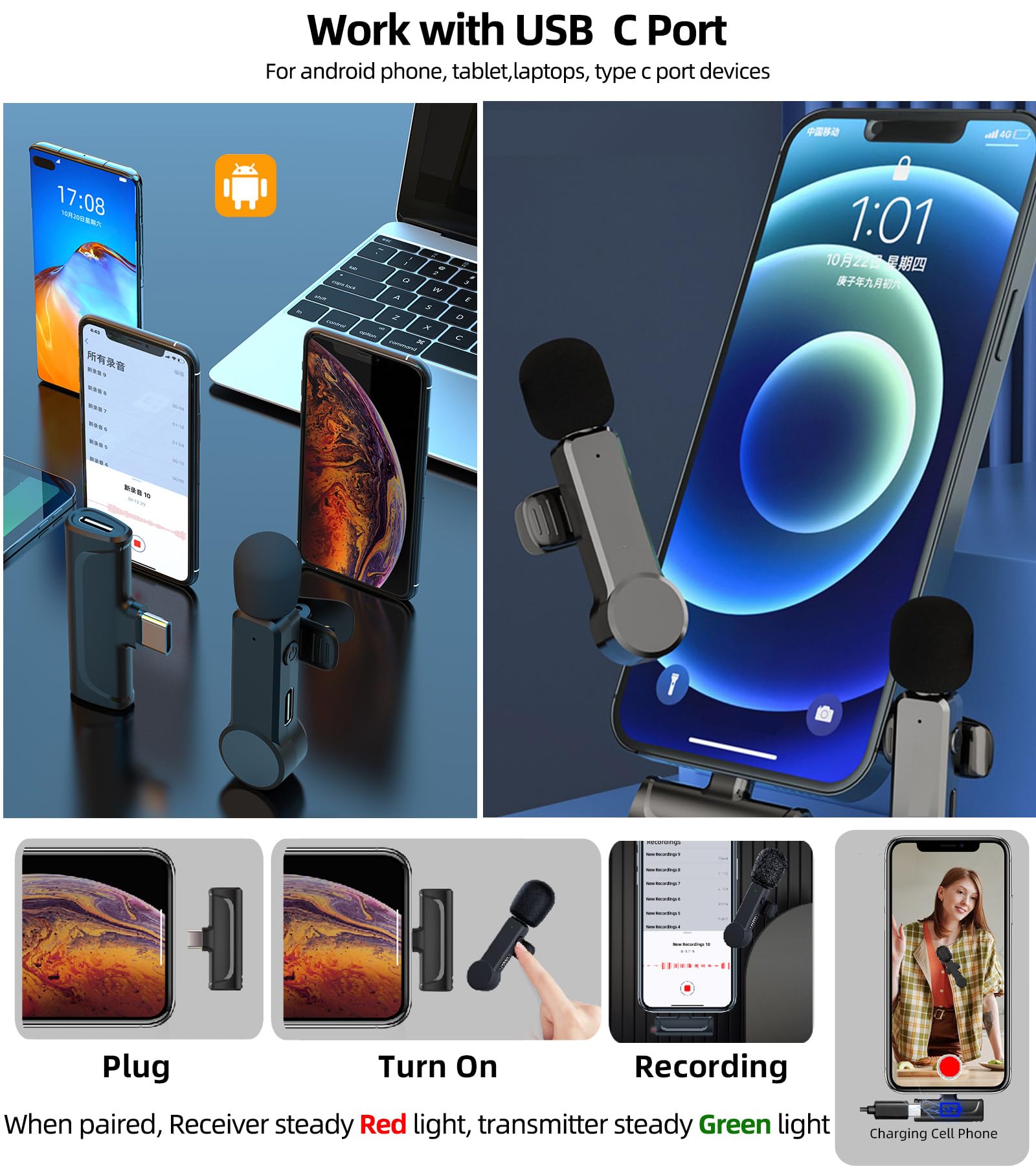 Nptcl 2 Pack Lavalier Microphone Usb C Wireless Lav Mic For Android Phone Noise Canceling Mini Lapel Mic Type C For Iphone 15/16