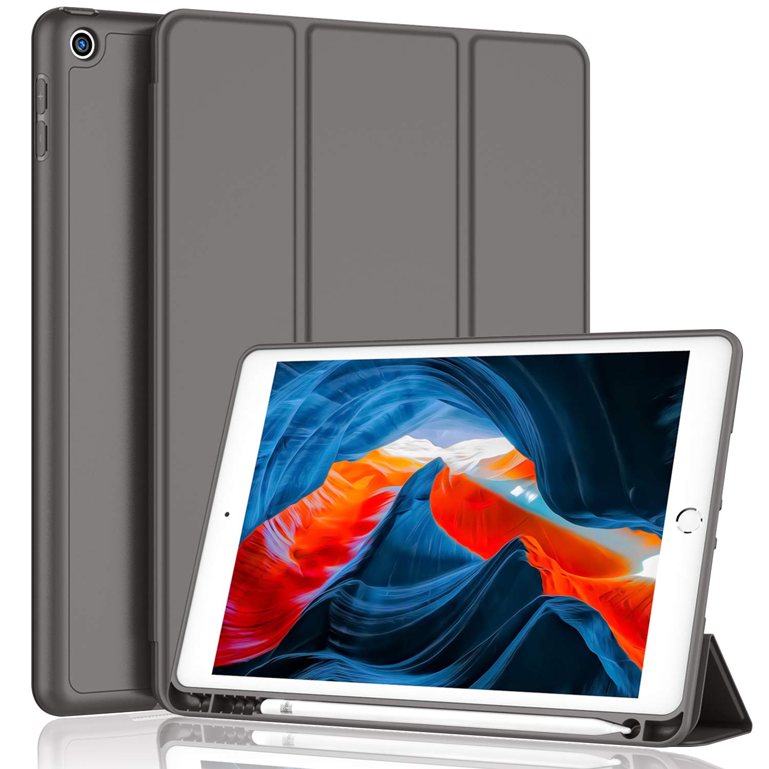 Imieet Ipad 9Th Generation Case 2021/Ipad 8Th Generation Case 2020 10.2 Inch With Pencil Holder, Ipad 7Th Gen 2019 Case With Soft Baby Skin Silicone Back, Auto Wake/Sleep Cover (Dark Gray)