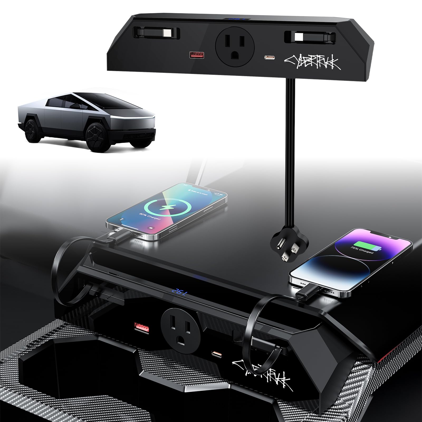 Cybertruck Usb Charger Hub With 110V Ac Outlet & Retractable Cables - Seamless Integration, 30W Pd/Qc3.0 Fast Phone Charge, Cent