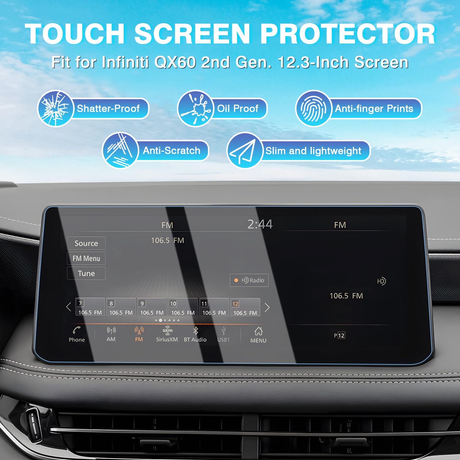 Karltys 2 Pack 12.3 Inch Screen Protector For Infiniti Qx60 2022 2024 2025, Qx60 Touchscreen Tempered Glass Protector Ultra Clear Car Radio Screen Cover Anti Glare Anti Scratch