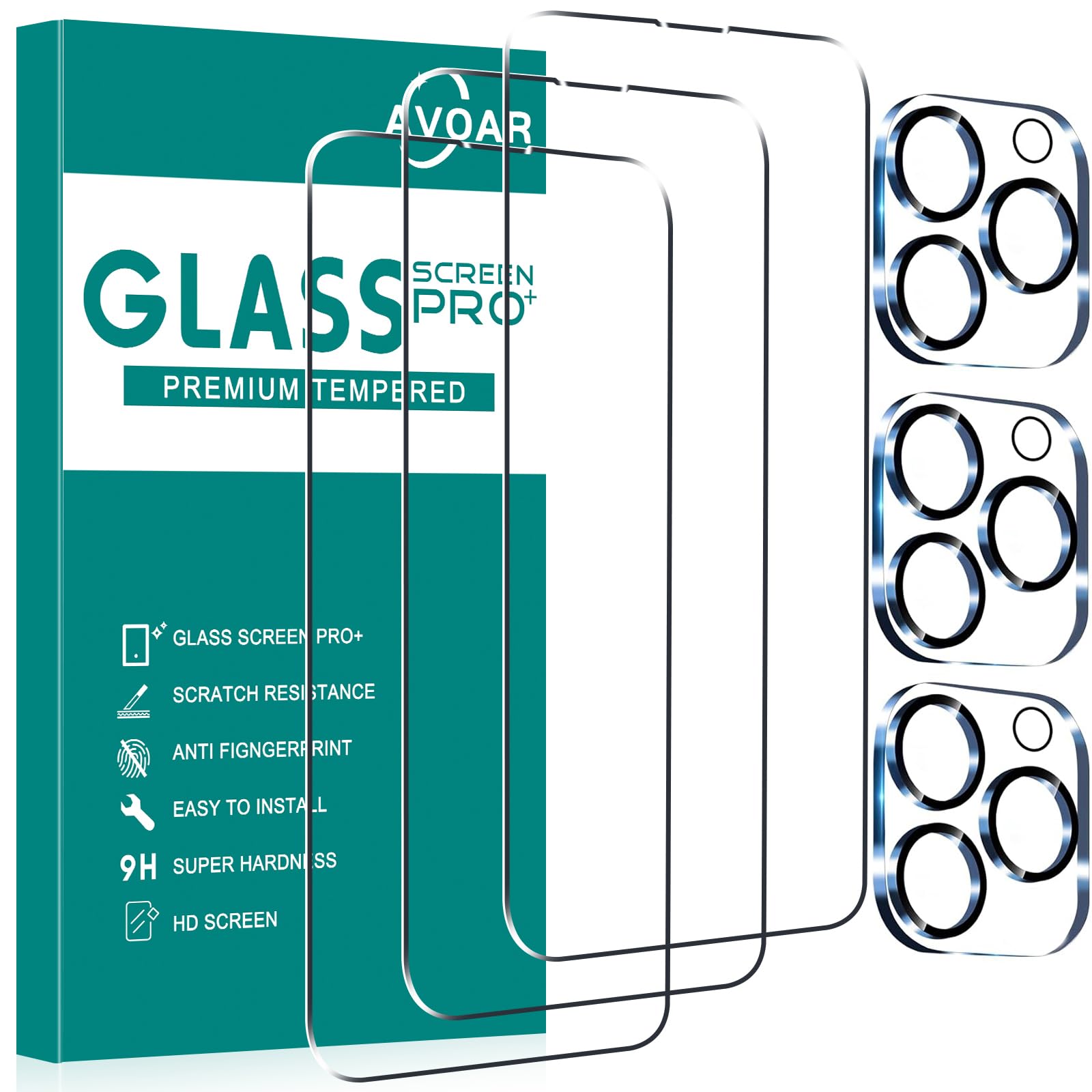 Avoar [3+3 Pack Glass Screen Protector For Iphone 15 Pro Max With Camera Lens Protector, 6.7 Inch Hd Clear Tempered Glass Film F