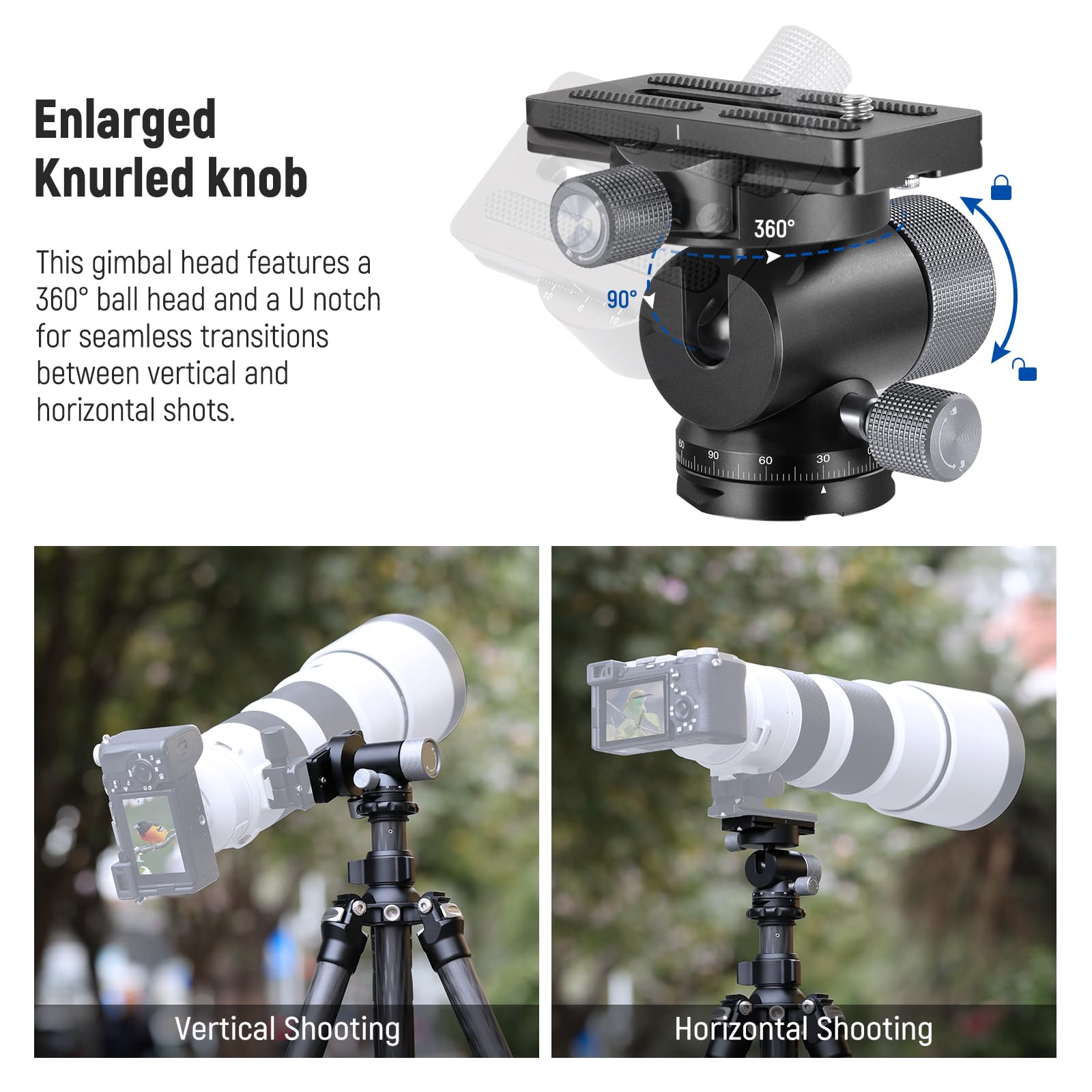 Neewer Monopod Gimbal Head Tripod Mount For Long Telephoto Lenses, 360 Pan 90 Tilt Metal Low Profile Monopod Head, Quick Release