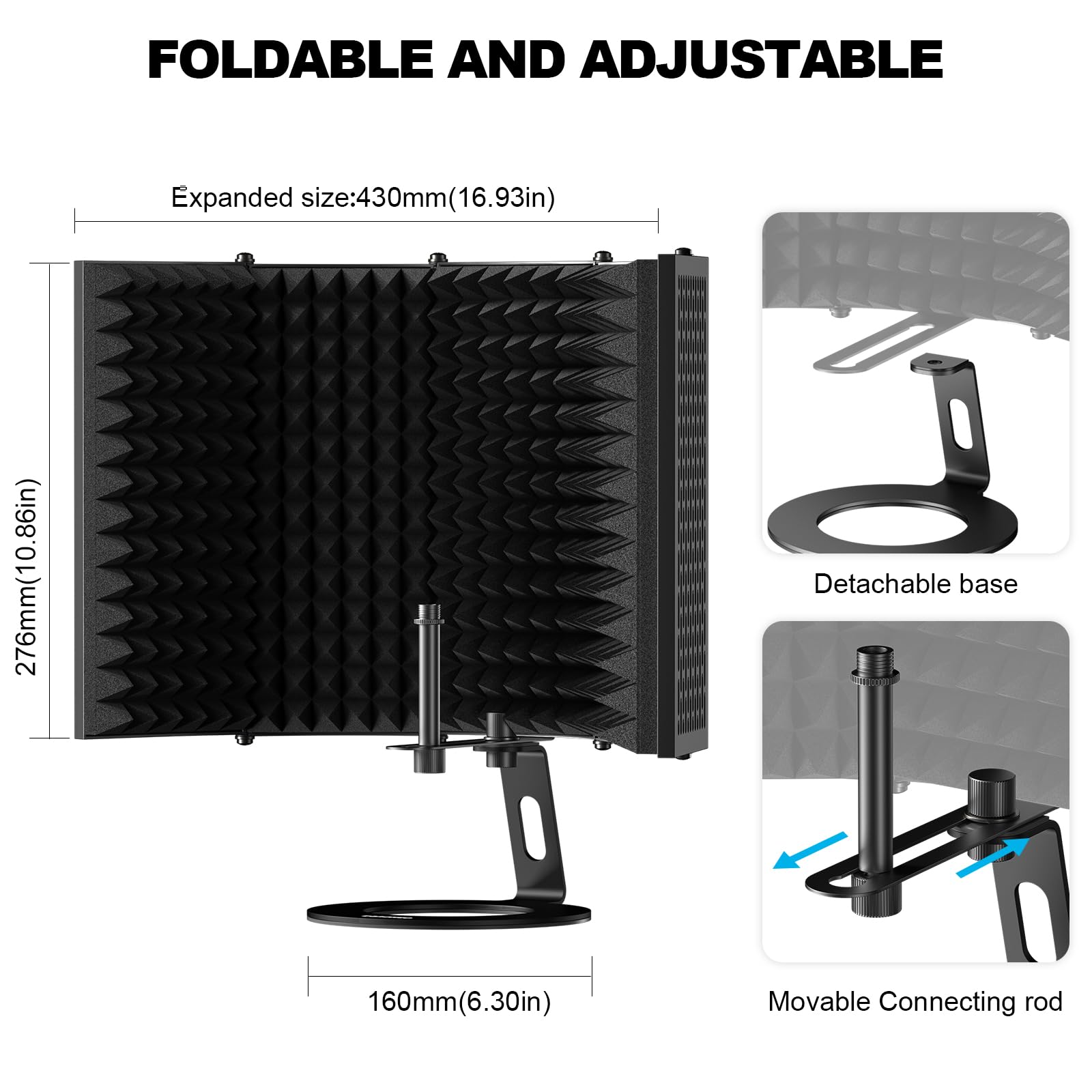 Aokeo Microphone Isolation Shield, Foldable Mic Shield With Triple Sound Insulation, Reflection Filter With 3/8 And 5/8 Mic Thre