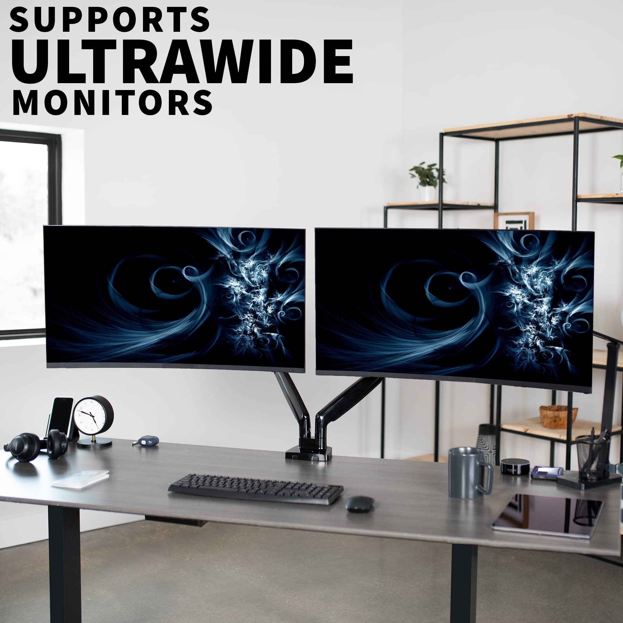 VIVO Premium Aluminum Heavy Duty Dual Monitor Arm for Ultrawide Monitors up to 35 inches and 24 lbs Each, Desk Mount Stand, Pneumatic Height, Max VESA 100x100, Black, STAND V202Q