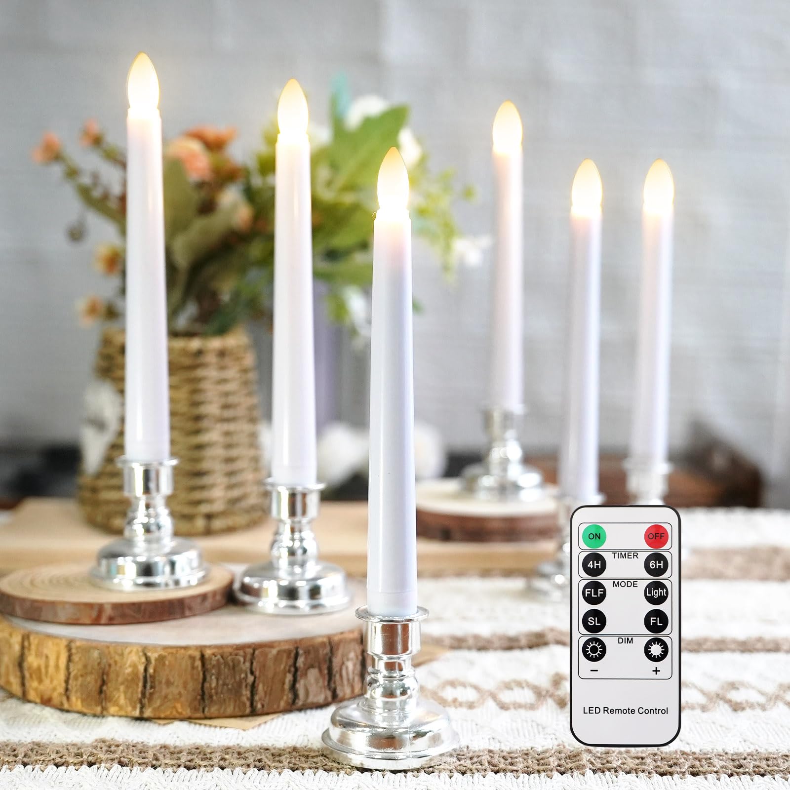 Fpoo 7.9'' Battery Operated Windows Candles With Remote Timers, 6 Pcs Flickering Flameless Christmas Taper Candles, Led Bright W