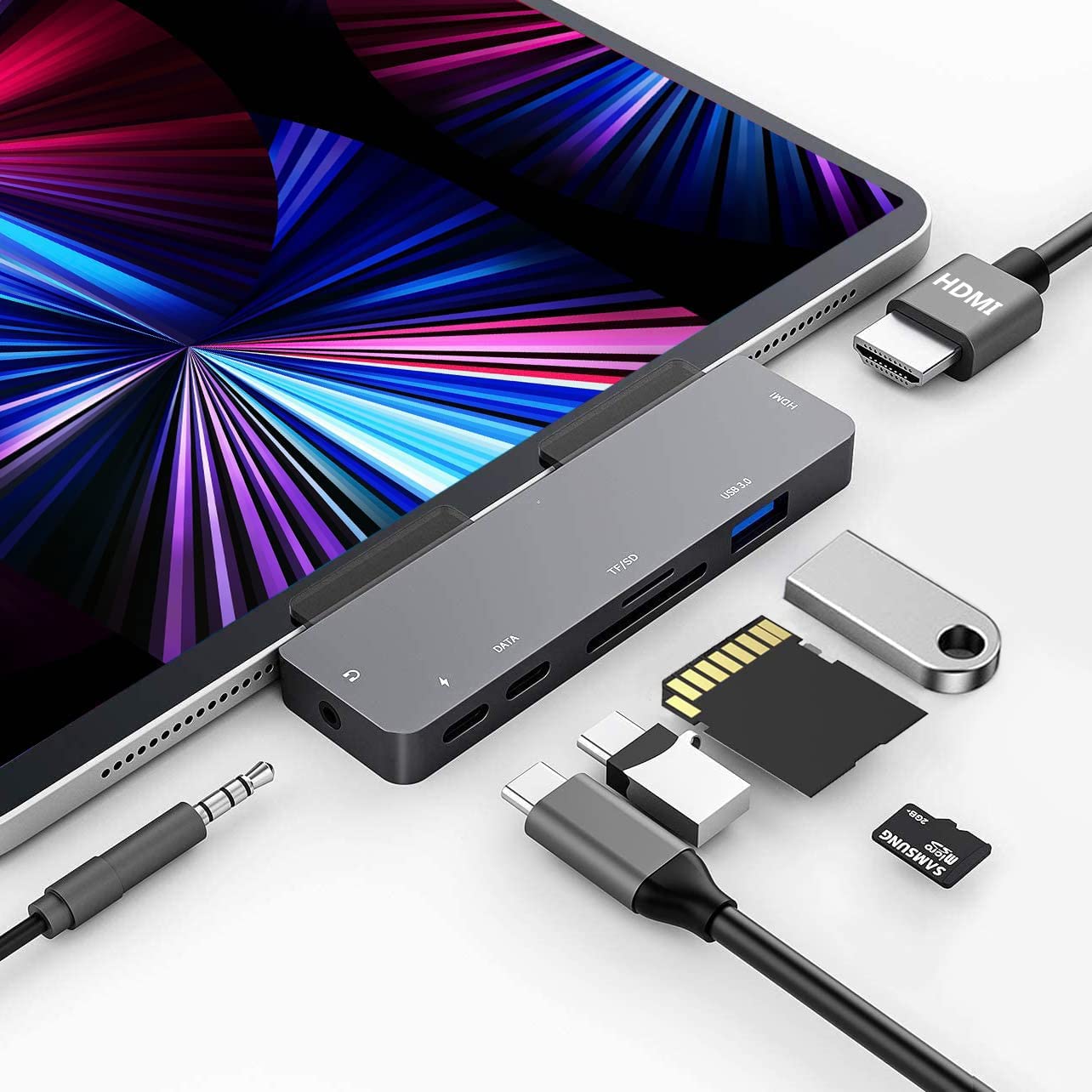 iPad Pro USB C Hub Adapter for iPad Pro 2024 M4 M2 M1,7-in-1 Hub with 4K@60Hz HDMI,3.5mm Jack,USB3.0,PD 60W,SD/TF Card Slot,iPad