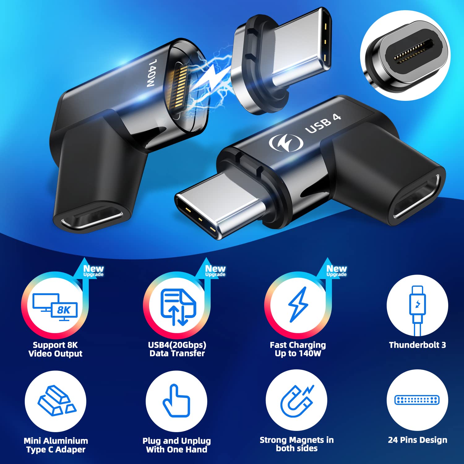 Duhesin Usb Type C Magnetic Adapter, (2 Pack) Magnetic Usb C Adapter 24 Pin With Pd 140W Usb4 20Gbps Data Transfer 8K 60Hz For Macbook Pro/Air, Steam Deck, Quest 2, Rog Ally And More Type C Devices